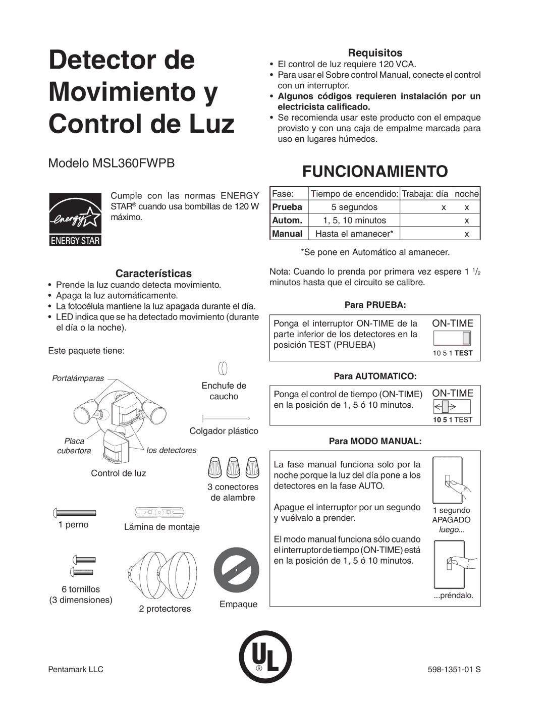 Heath Zenith MSL360FWPB manual Funcionamiento, Características, Requisitos 