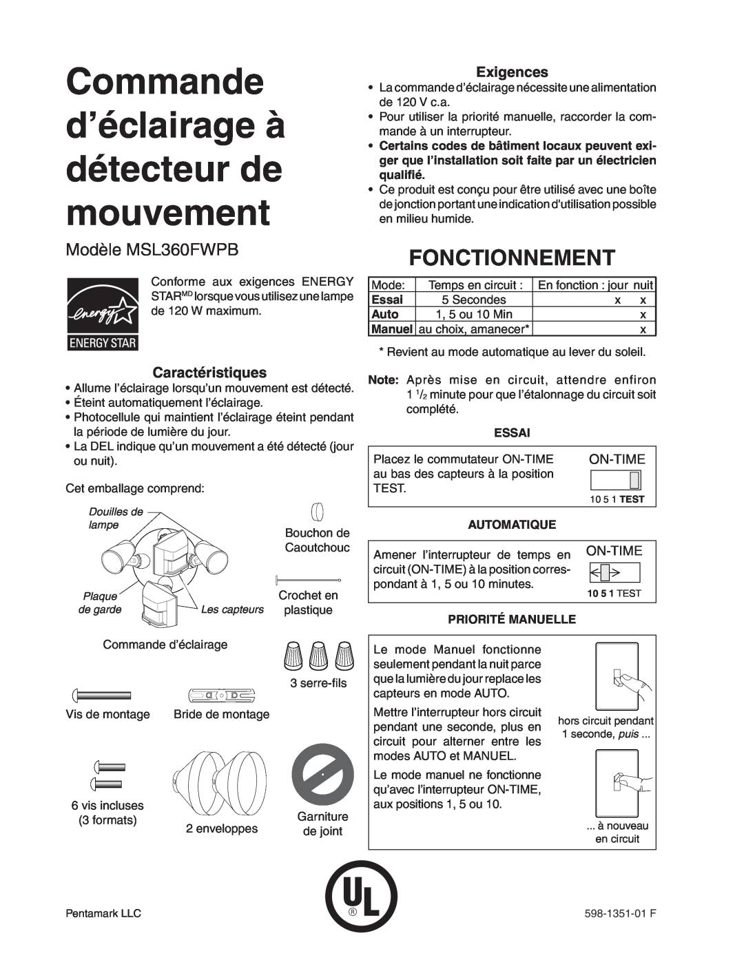 Heath Zenith manual Commande d’éclairage à détecteur de mouvement, Fonctionnement, Modèle MSL360FWPB, Caractéristiques 