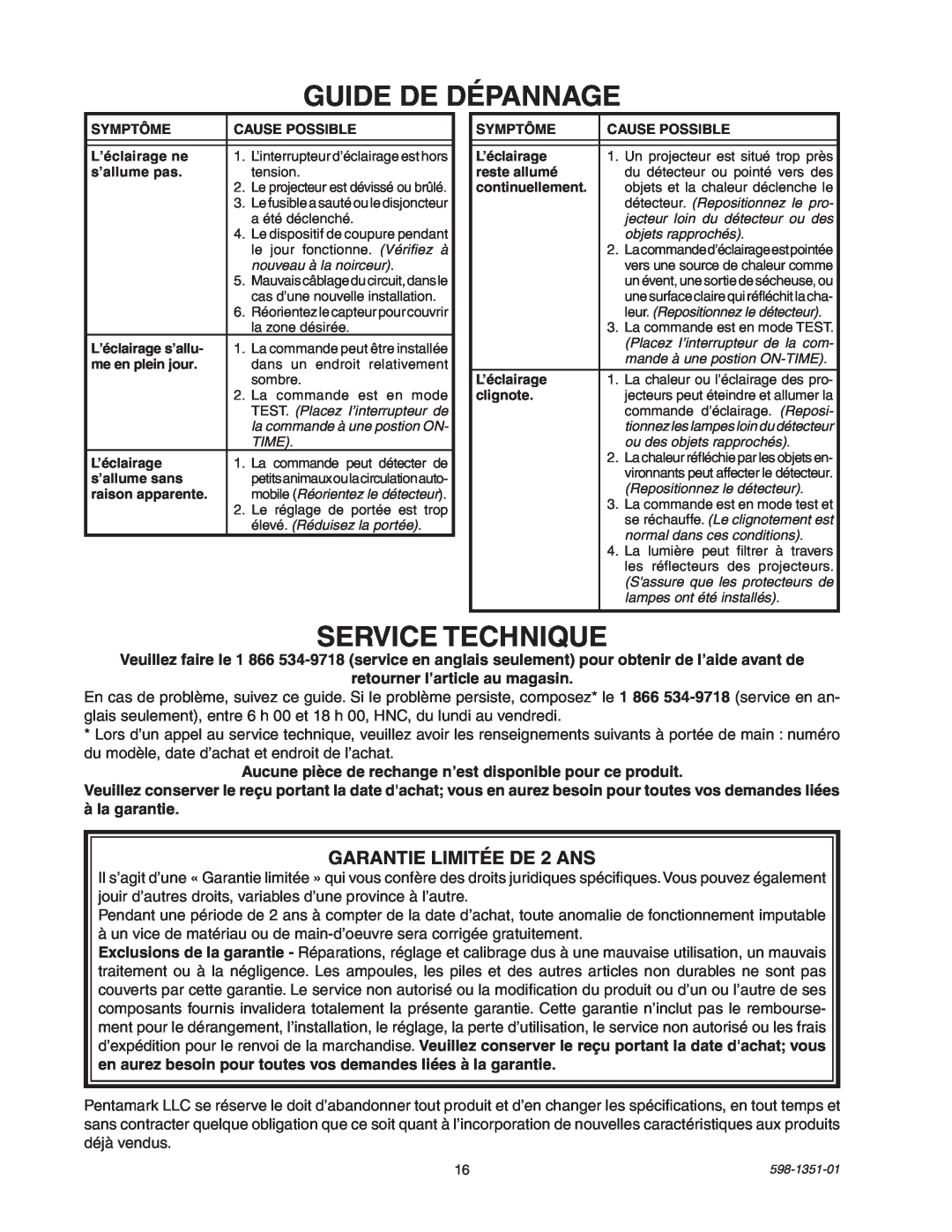 Heath Zenith MSL360FWPB manual Guide De Dépannage, Service Technique, GARANTIE LIMITÉE DE 2 ANS 