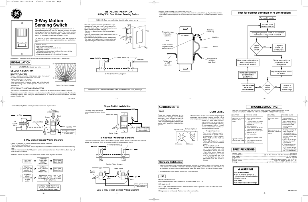 Heath Zenith MSS specifications Installation, Adjustments, Troubleshooting, Specifications 