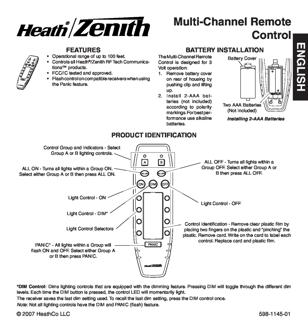 Heath Zenith Multi-Channel Remote Control manual Features, Battery Installation, Product Identification 