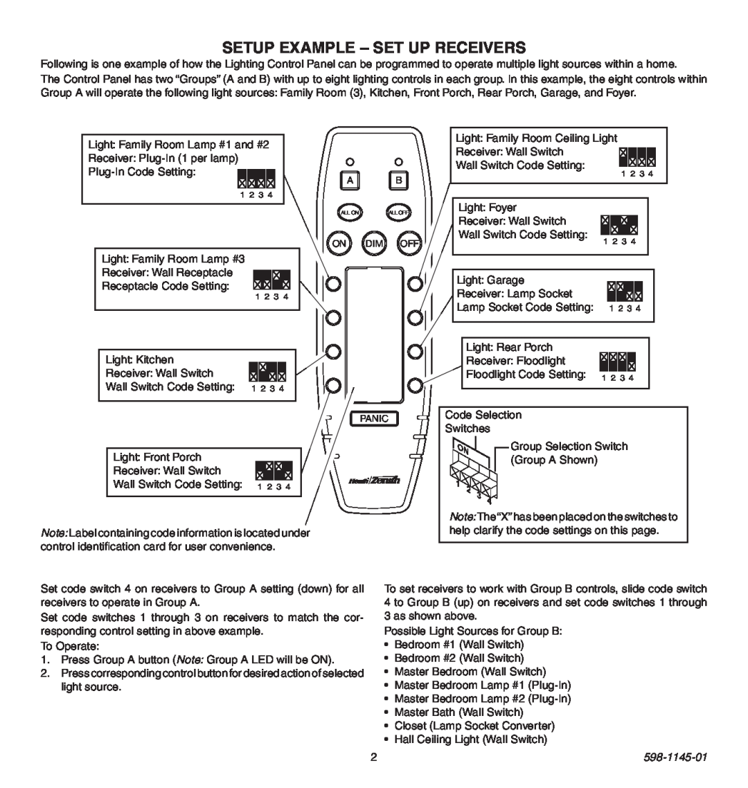 Heath Zenith Multi-Channel Remote Control manual SETUP Example - Set Up Receivers, 598-1145-01 