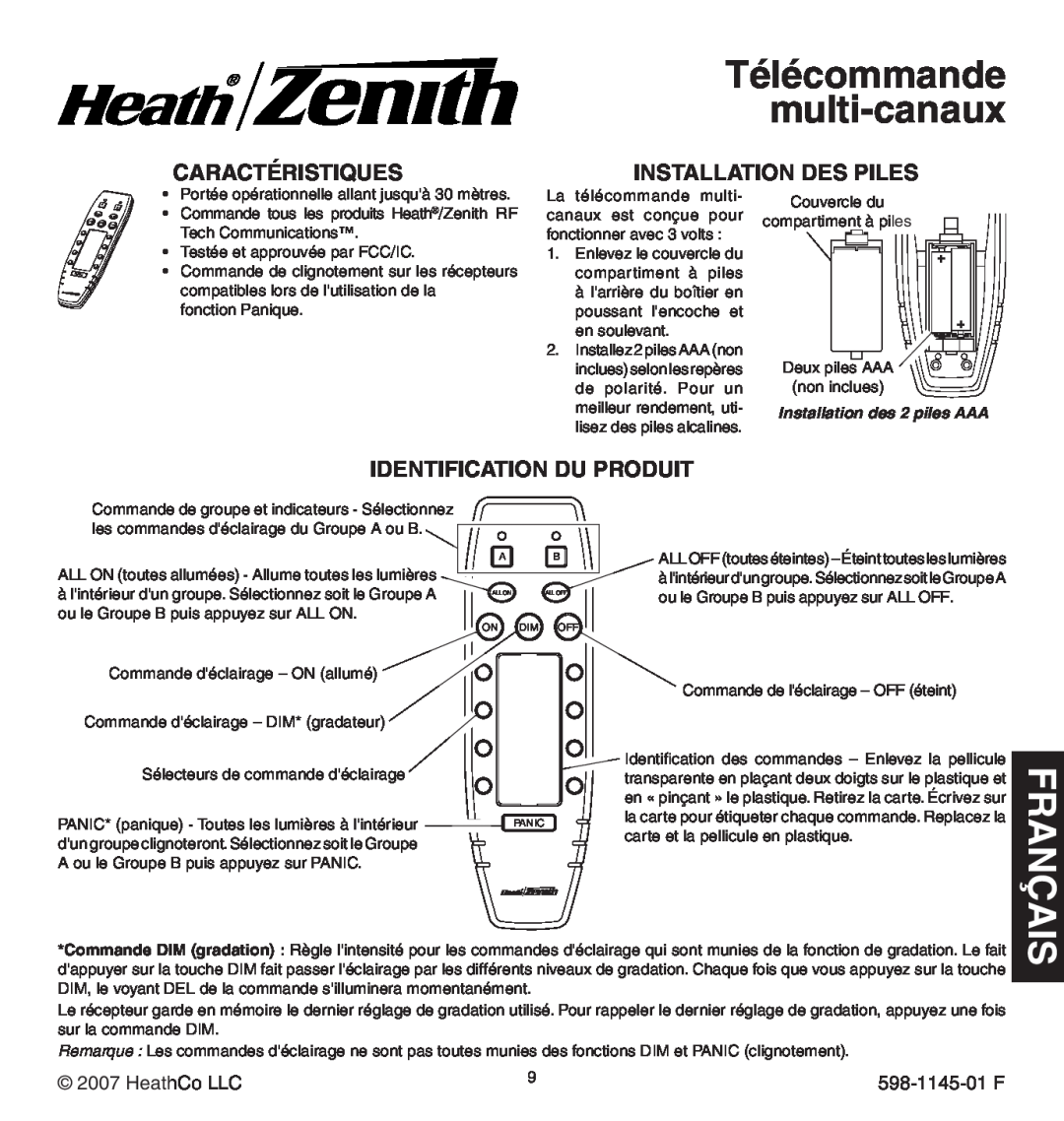 Heath Zenith Multi-Channel Remote Control Télécommande multi-canaux, is nçaa fr, Caractéristiques, Installation des piles 