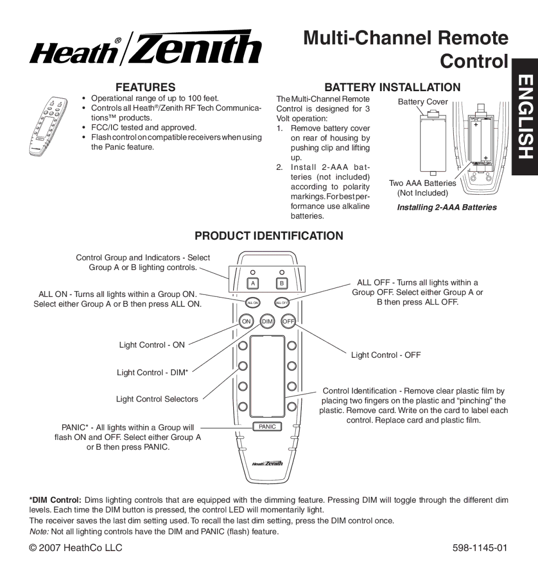 Heath Zenith Multi-Channel Remote Control manual Features, Battery Installation, Product Identification 