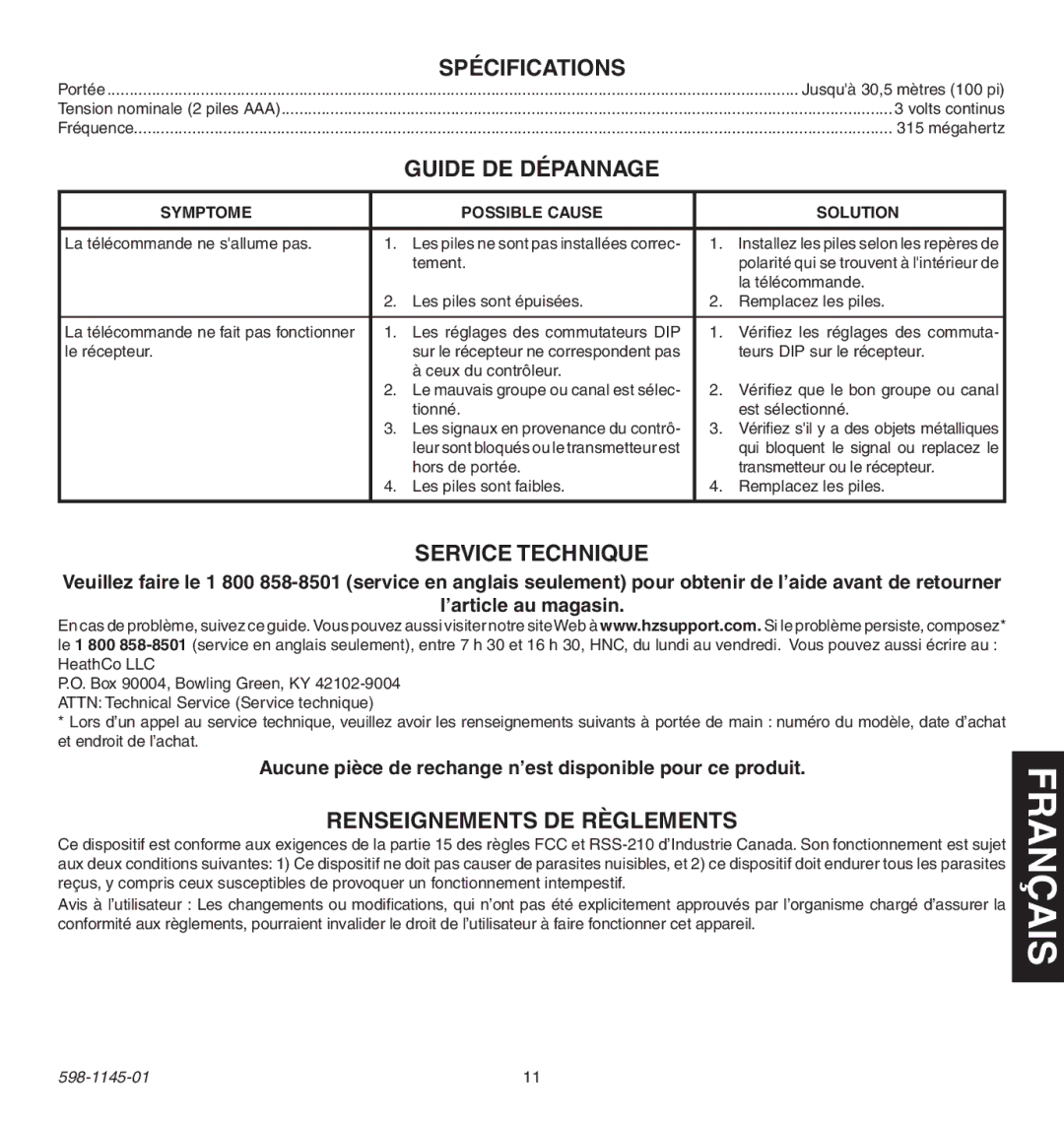 Heath Zenith Multi-Channel Remote Control manual Spécifications, Guide de dépannage, Service Technique 