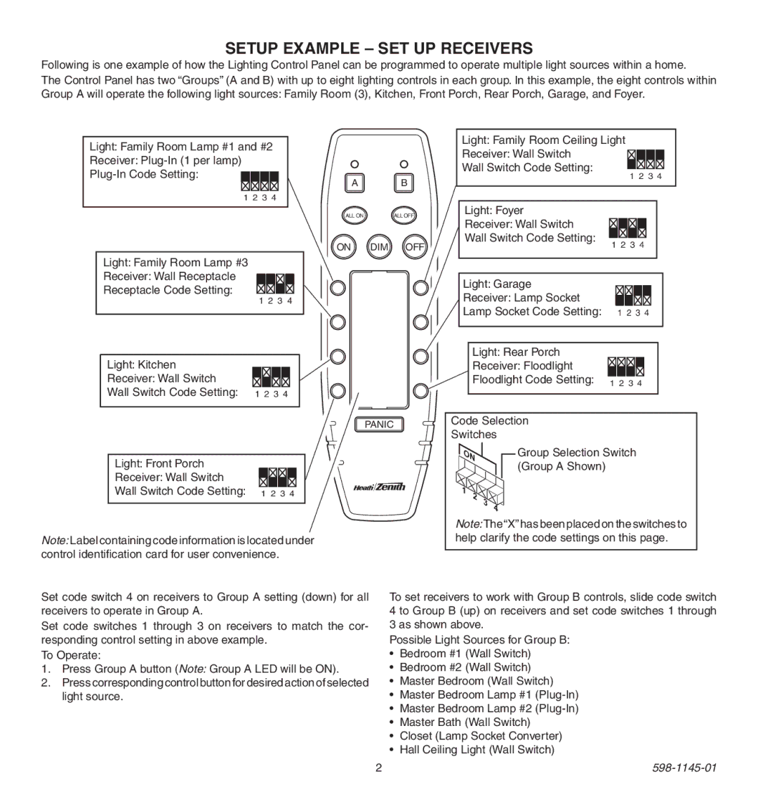 Heath Zenith Multi-Channel Remote Control Setup Example Set Up Receivers, Wall Switch Code Setting Plug-In Code Setting 