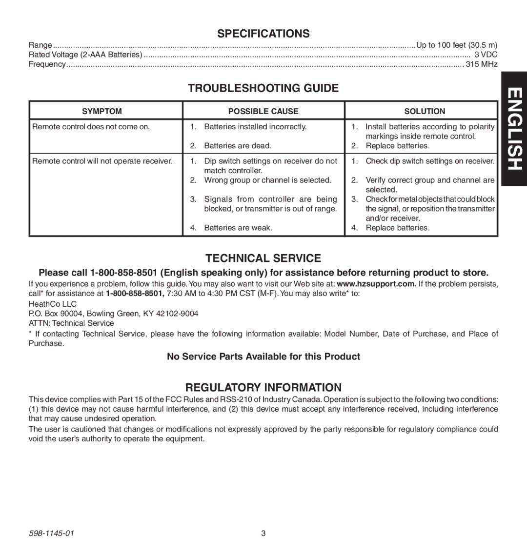 Heath Zenith Multi-Channel Remote Control Specifications, Troubleshooting Guide, Technical Service, Regulatory Information 