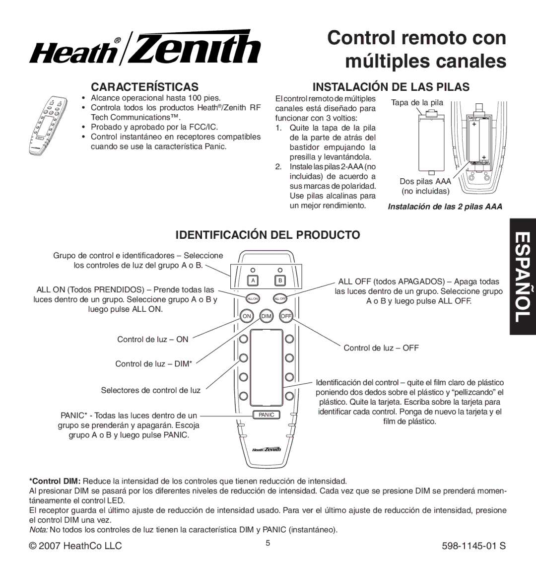 Heath Zenith Multi-Channel Remote Control Control remoto con múltiples canales, Características, Instalación de las pilas 