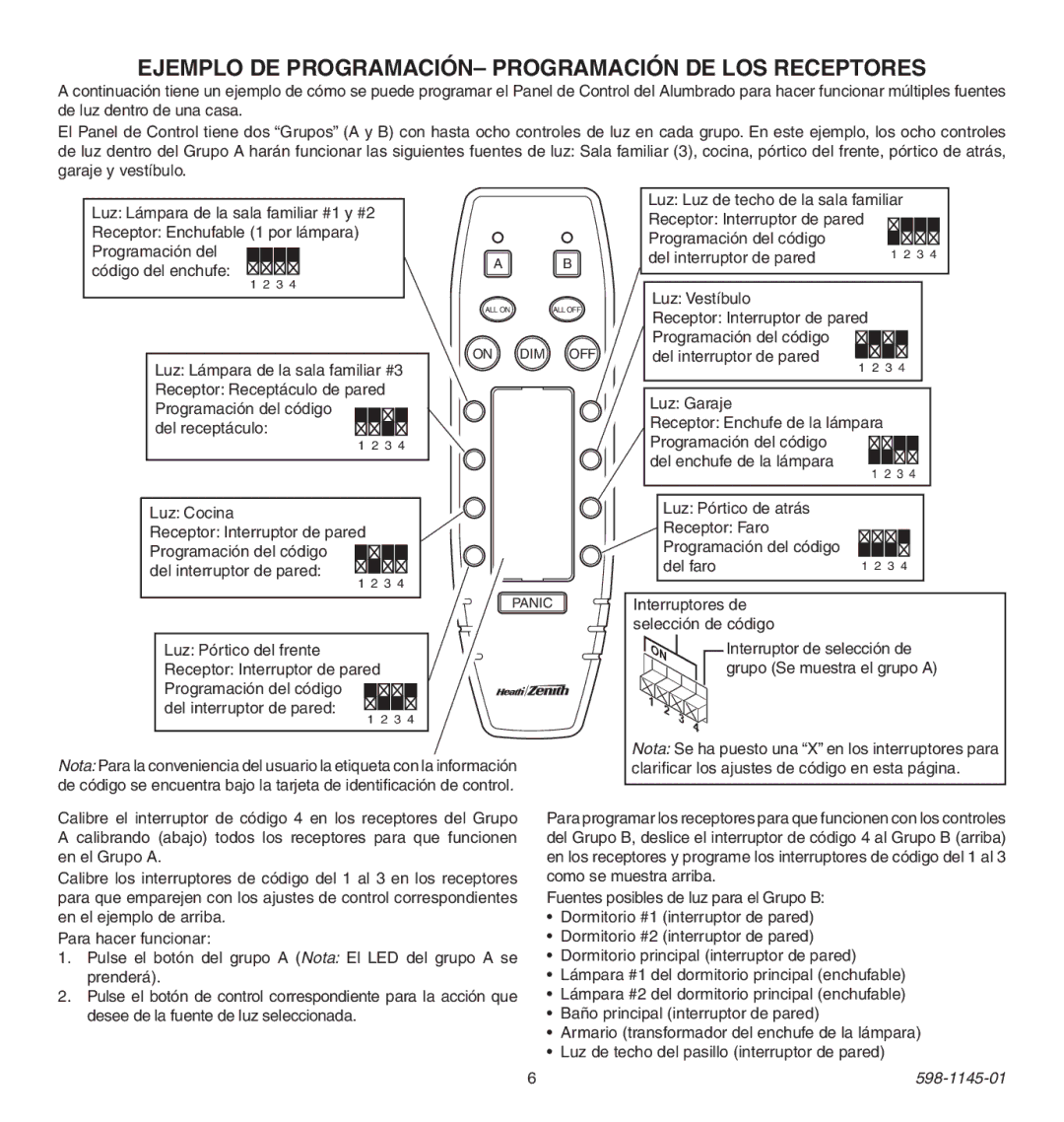 Heath Zenith Multi-Channel Remote Control manual Ejemplo DE PROGRAMACIÓN- Programación de los receptores 