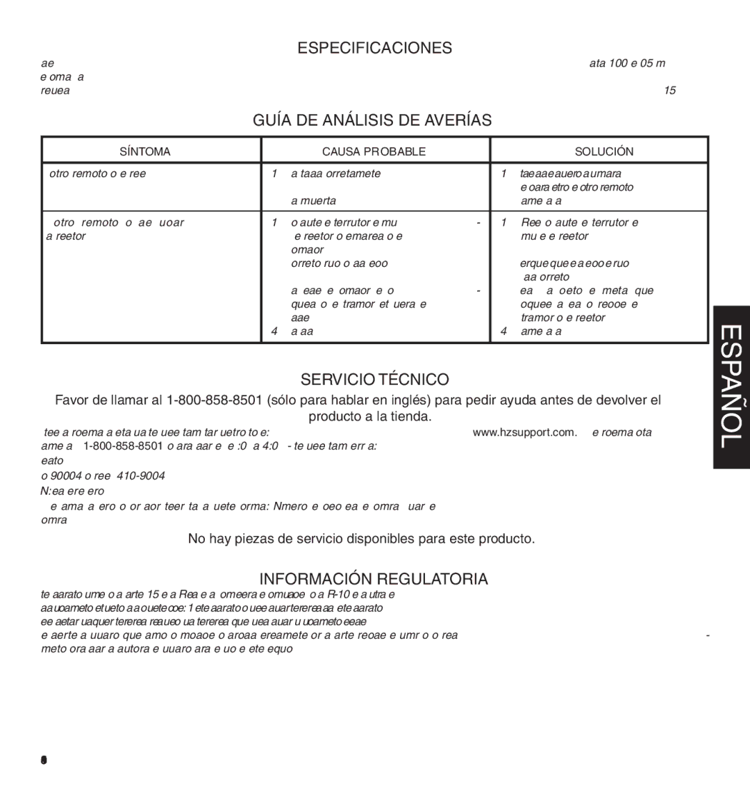 Heath Zenith Multi-Channel Remote Control manual Especificaciones, Guía de análisis de averías, Servicio Técnico 