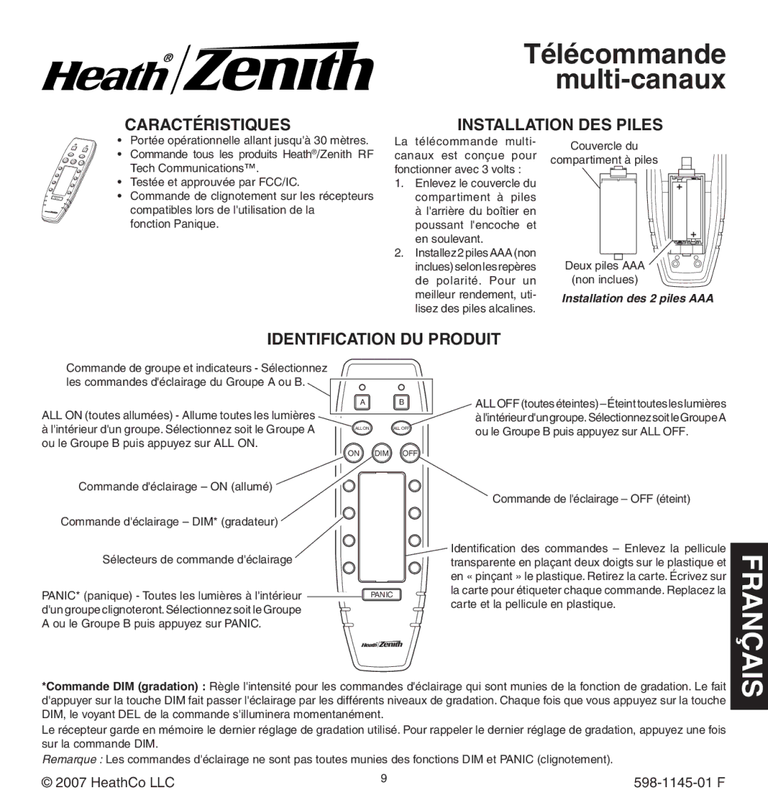 Heath Zenith Multi-Channel Remote Control manual Télécommande multi-canaux, Caractéristiques, Installation des piles 