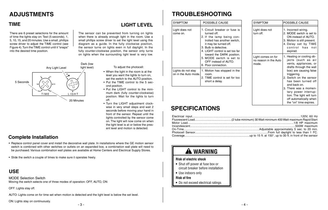 Heath Zenith None manual Adjustments, Troubleshooting, Specifications, Time Light Level, Use 