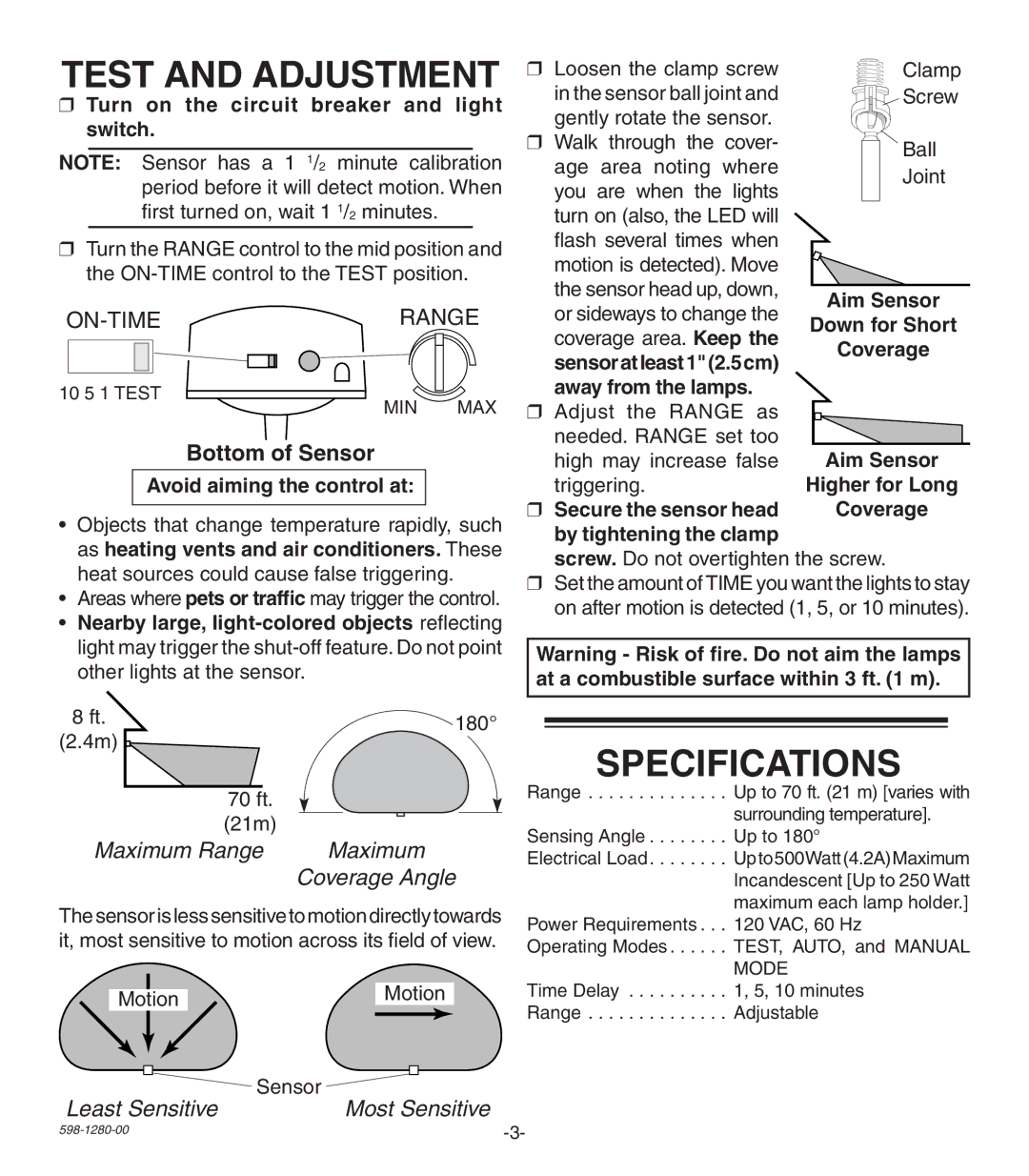 Heath Zenith P6036 manual Test and Adjustment, Specifications, Turn on the circuit breaker and light switch 