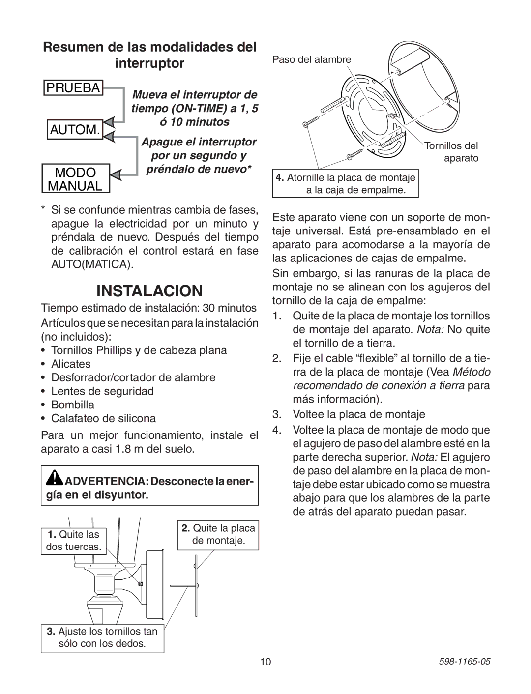 Heath Zenith PF-4170-PB, PF-4150-SC, PF-4150-PB, PF-4150-BK warranty Instalacion, Resumen de las modalidades del Interruptor 