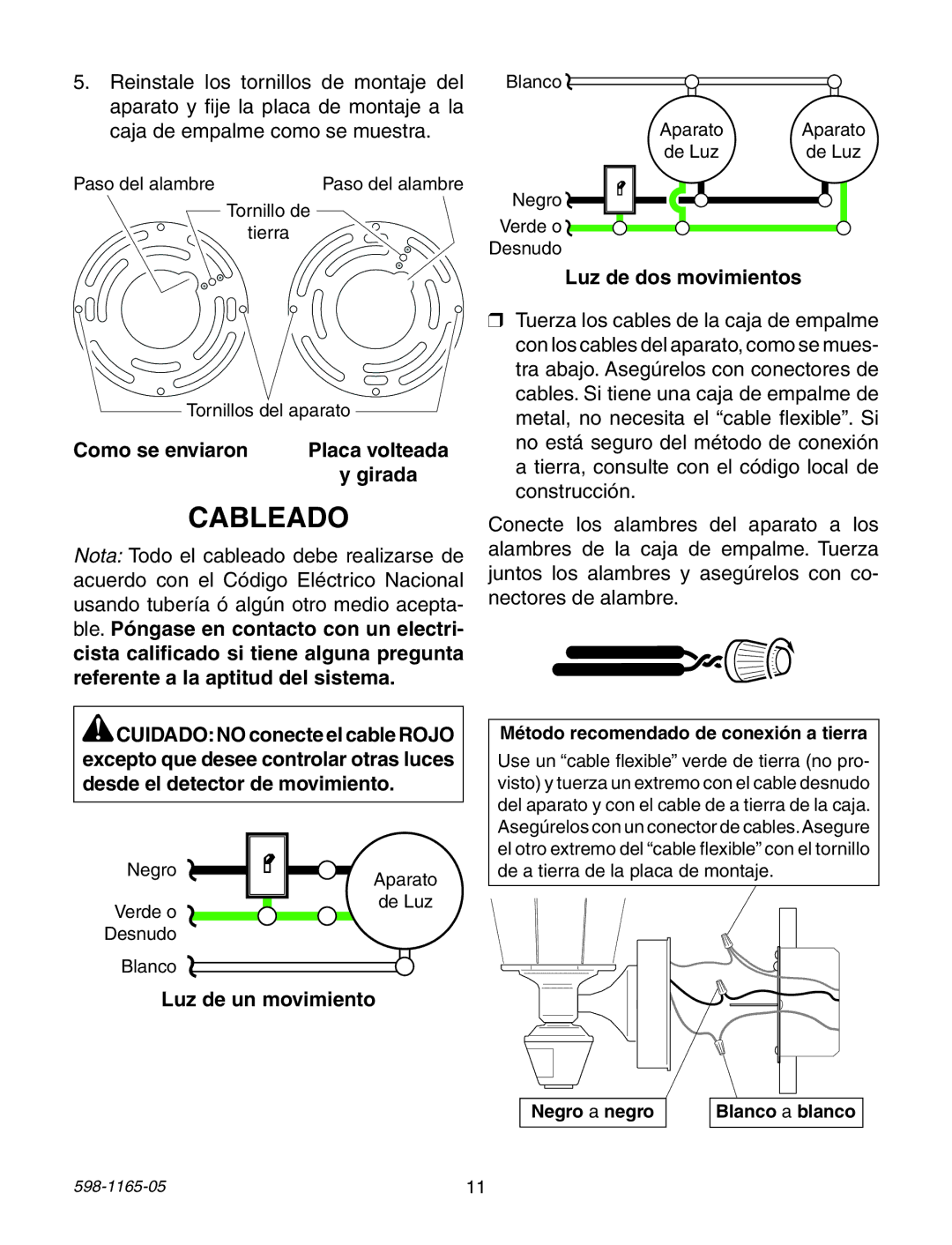 Heath Zenith PF-4160-AB, PF-4150-SC Cableado, Como se enviaron, Girada, Luz de dos movimientos, Luz de un movimiento 