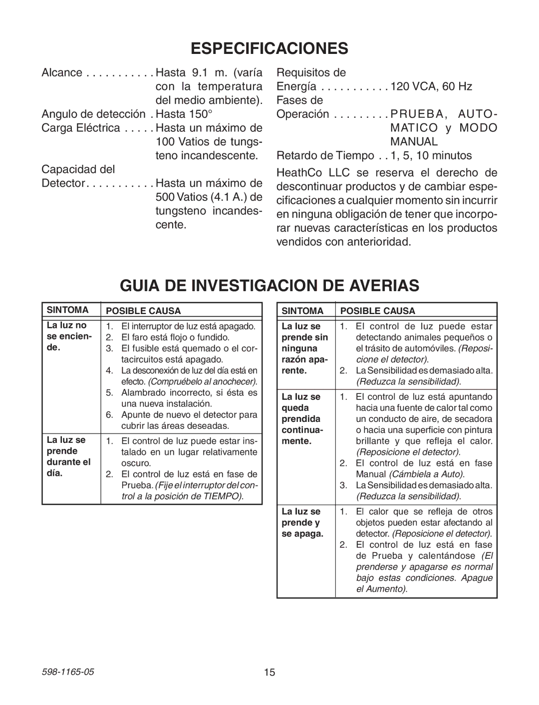 Heath Zenith PF-4162-PB, PF-4150-SC, PF-4150-PB, PF-4150-BK, PF-4170-PB Especificaciones, Guia DE Investigacion DE Averias 