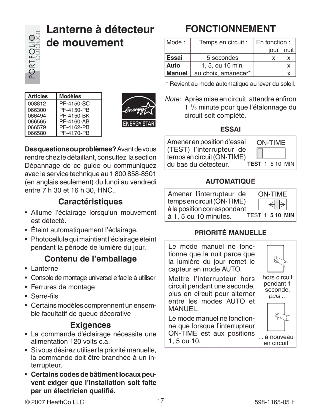 Heath Zenith PF-4160-AB, PF-4150-SC, PF-4150-PB warranty Fonctionnement, Caractéristiques, Contenu de l’emballage, Exigences 