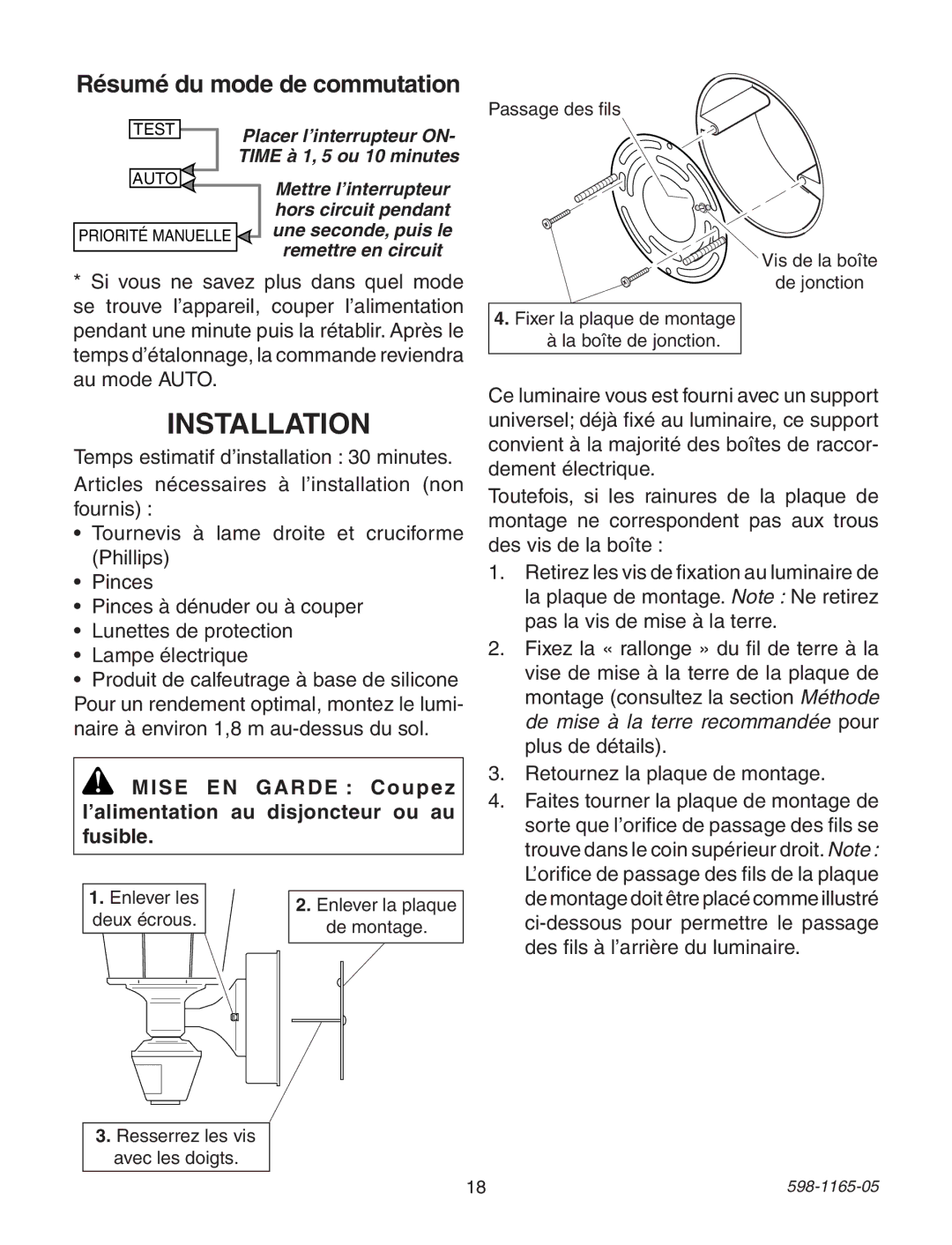 Heath Zenith PF-4150-SC, PF-4150-PB, PF-4150-BK, PF-4162-PB, PF-4170-PB warranty Installation, Résumé du mode de commutation 