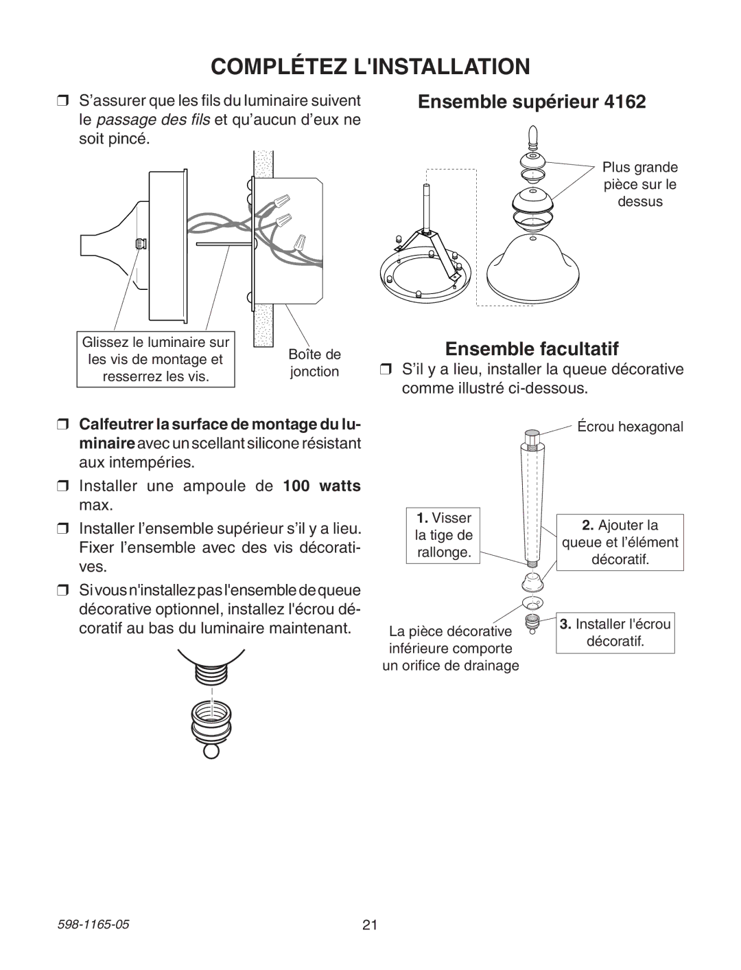 Heath Zenith PF-4162-PB, PF-4150-SC, PF-4150-PB, PF-4150-BK Complétez Linstallation, Ensemble supérieur, Ensemble facultatif 