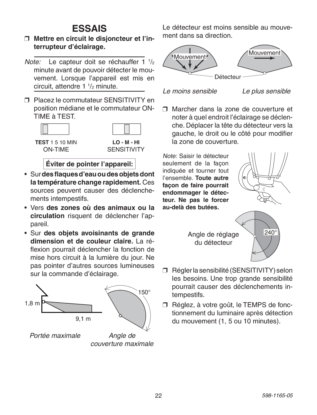 Heath Zenith PF-4170-PB, PF-4150-SC, PF-4150-PB, PF-4150-BK, PF-4162-PB Essais, Portée maximale Angle de Couverture maximale 