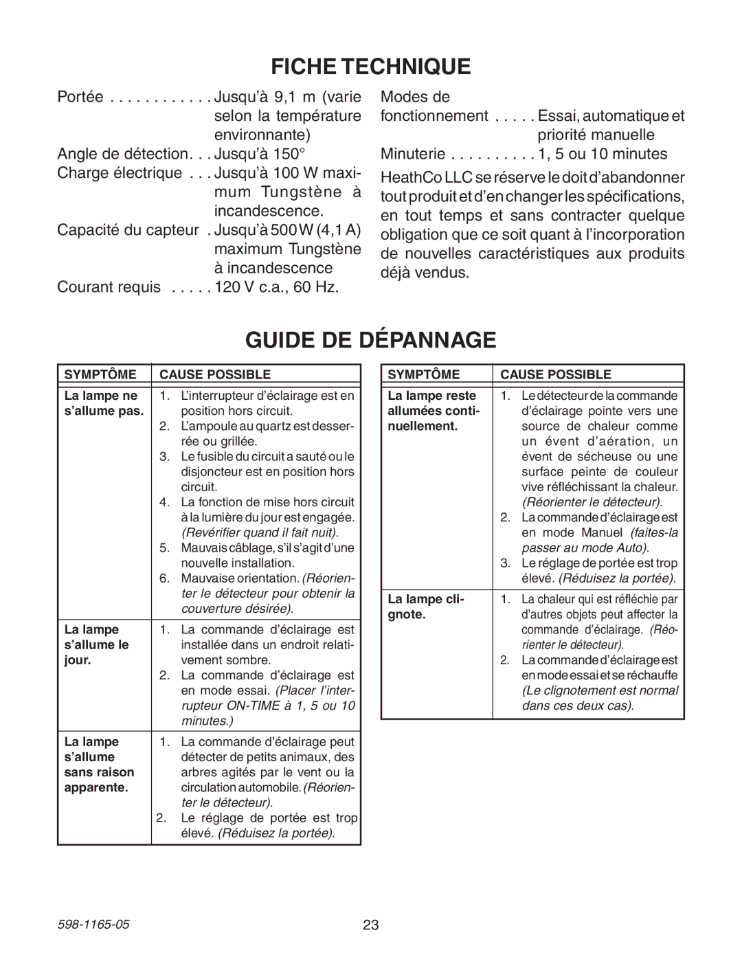 Heath Zenith PF-4160-AB, PF-4150-SC, PF-4150-PB, PF-4150-BK, PF-4162-PB, PF-4170-PB warranty Fiche Technique, Guide DE Dépannage 