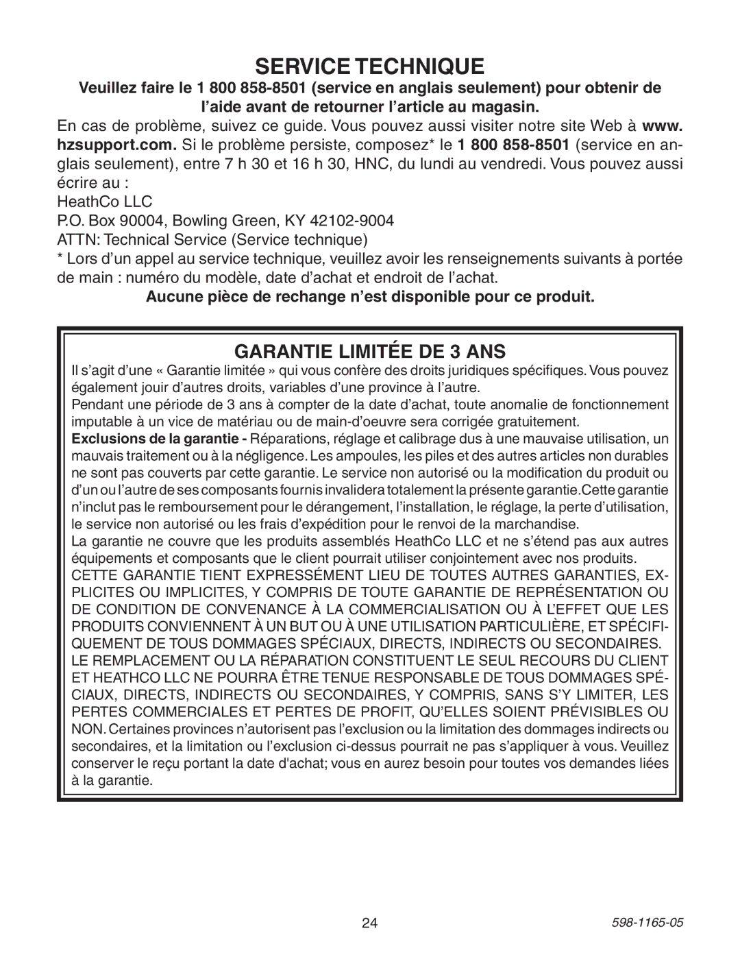 Heath Zenith PF-4150-SC, PF-4150-PB warranty Service Technique, Aucune pièce de rechange n’est disponible pour ce produit 