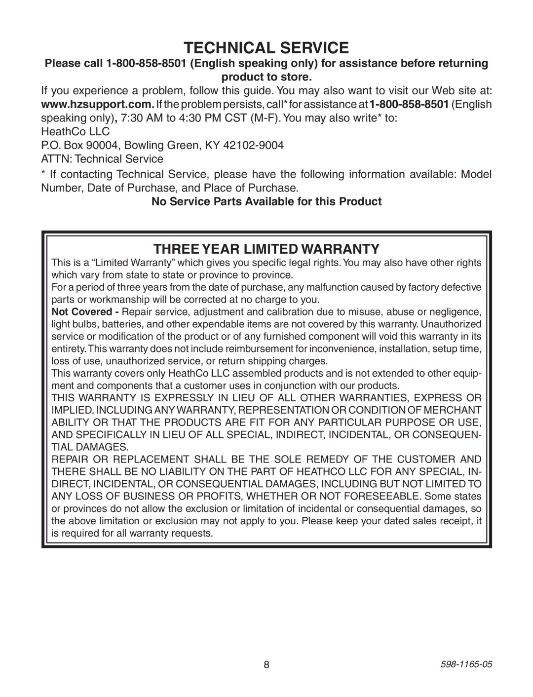 Heath Zenith PF-4150-BK, PF-4150-SC, PF-4150-PB, PF-4162-PB Technical Service, No Service Parts Available for this Product 