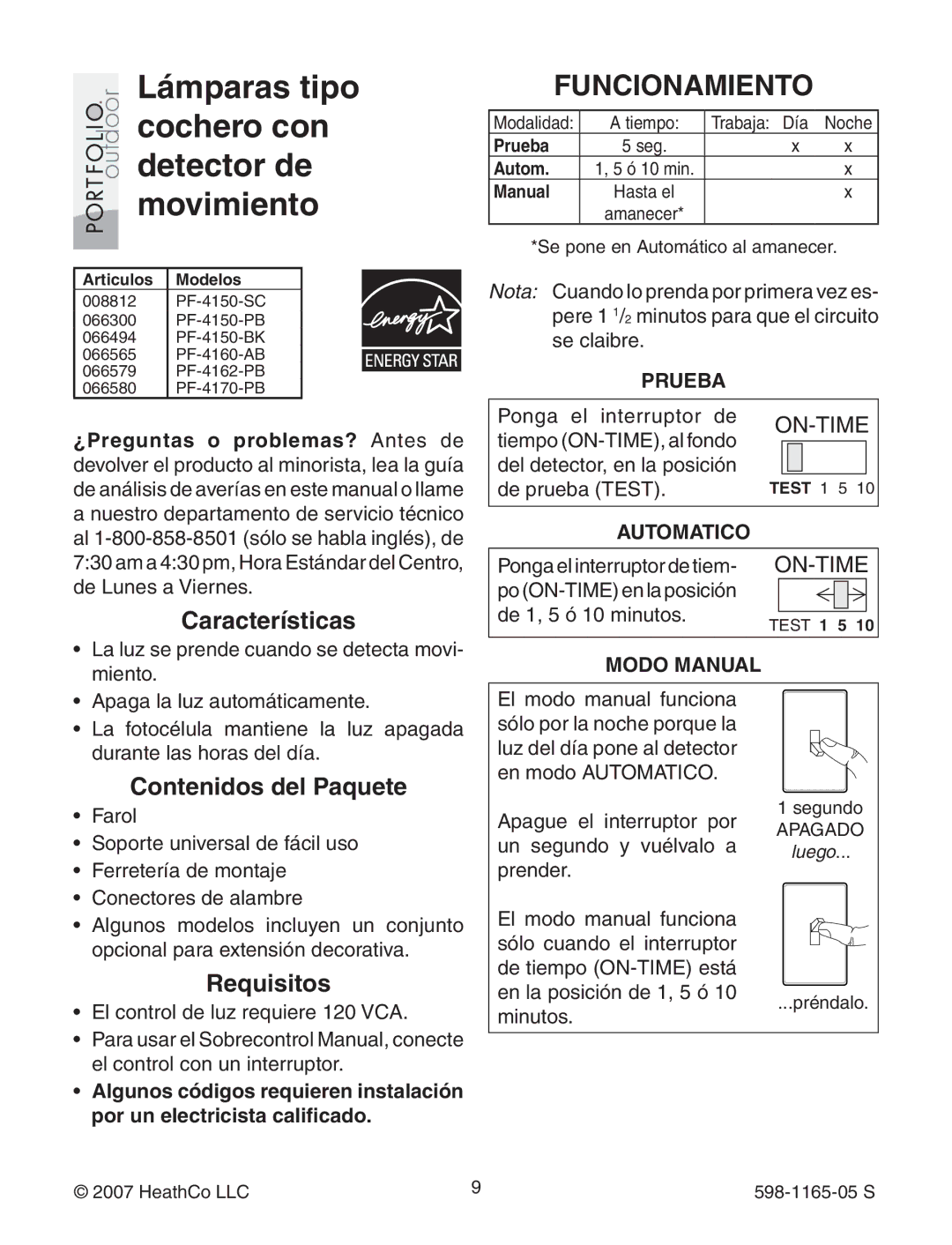 Heath Zenith PF-4162-PB, PF-4150-SC, PF-4150-PB warranty Funcionamiento, Características, Contenidos del Paquete, Requisitos 