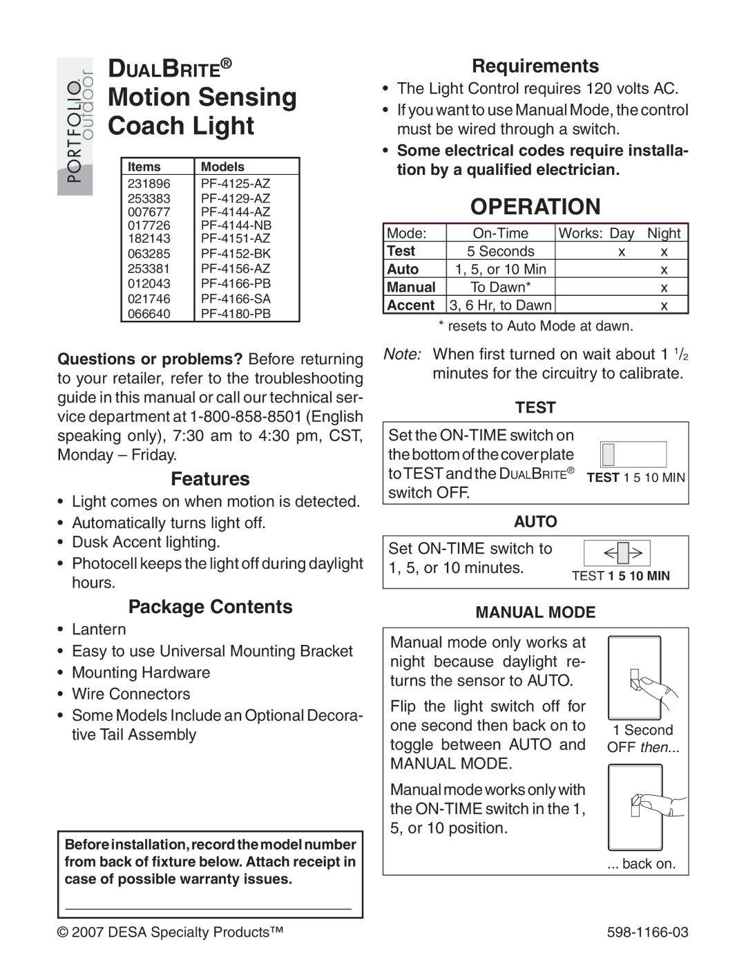 Heath Zenith PF-4144-NB, PF-4151-AZ, PF-4125-AZ, PF-4144-AZ warranty Operation, Requirements, Features, Package Contents 