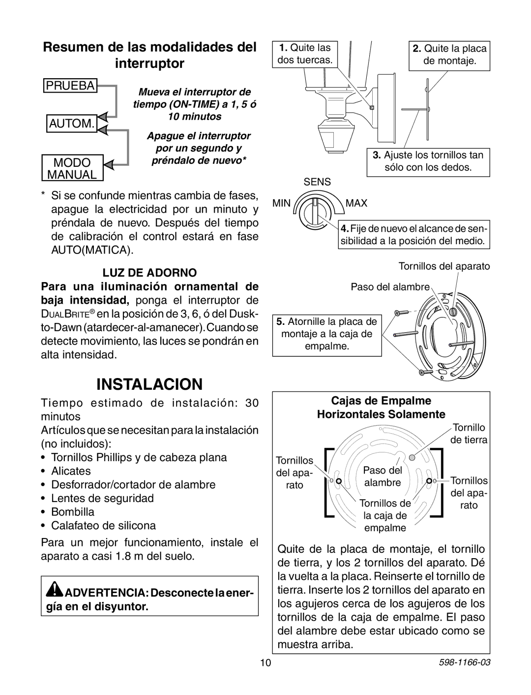 Heath Zenith PF-4151-AZ, PF-4144-NB, PF-4125-AZ Instalacion, Resumen de las modalidades del Interruptor, LUZ DE Adorno 