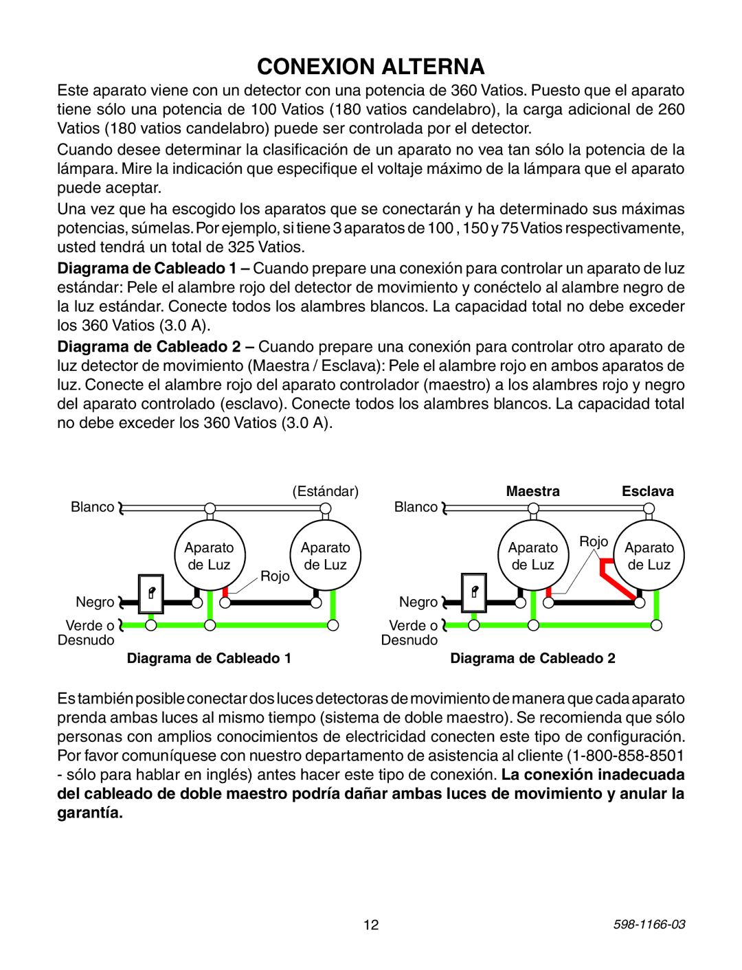 Heath Zenith PF-4125-AZ, PF-4151-AZ, PF-4144-NB, PF-4144-AZ, PF-4129-AZ, PF-4166-SA Conexion Alterna, Diagrama de Cableado 