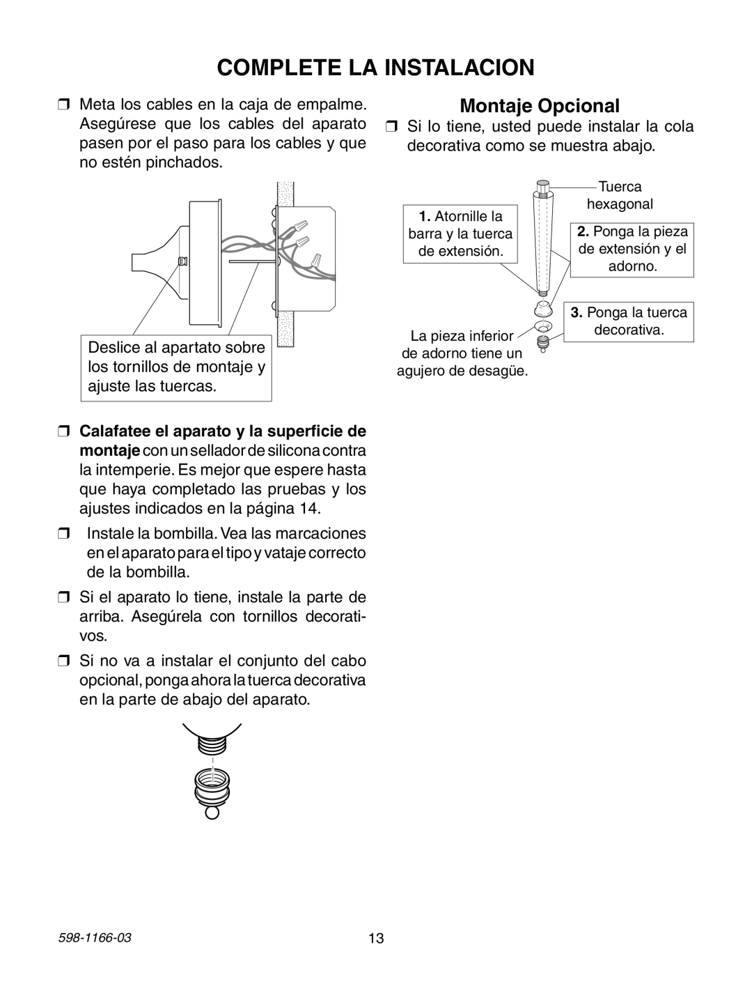 Heath Zenith PF-4144-AZ, PF-4151-AZ, PF-4144-NB, PF-4125-AZ, PF-4129-AZ, PF-4166-SA Complete LA Instalacion, Montaje Opcional 