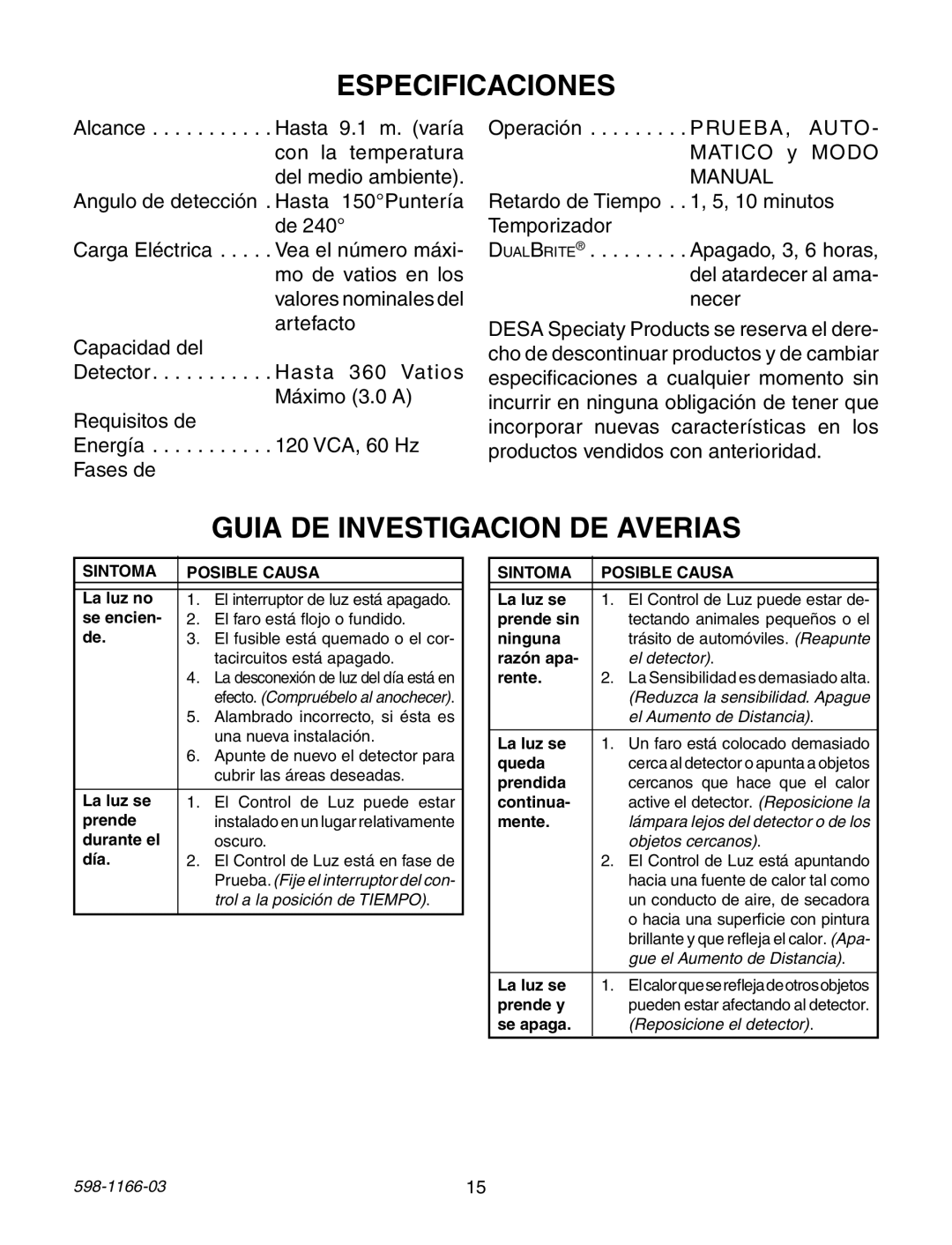 Heath Zenith PF-4166-SA, PF-4151-AZ, PF-4144-NB, PF-4125-AZ, PF-4144-AZ Especificaciones, Guia DE Investigacion DE Averias 