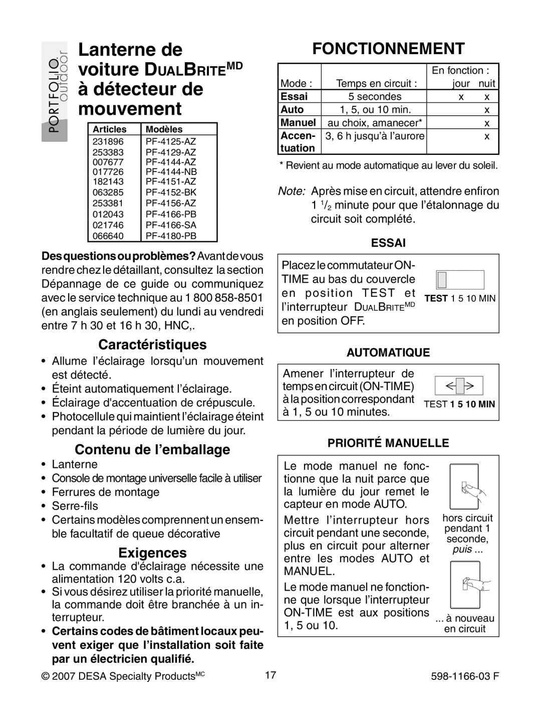 Heath Zenith PF-4180-PB, PF-4151-AZ, PF-4144-NB warranty Fonctionnement, Caractéristiques, Contenu de l’emballage, Exigences 