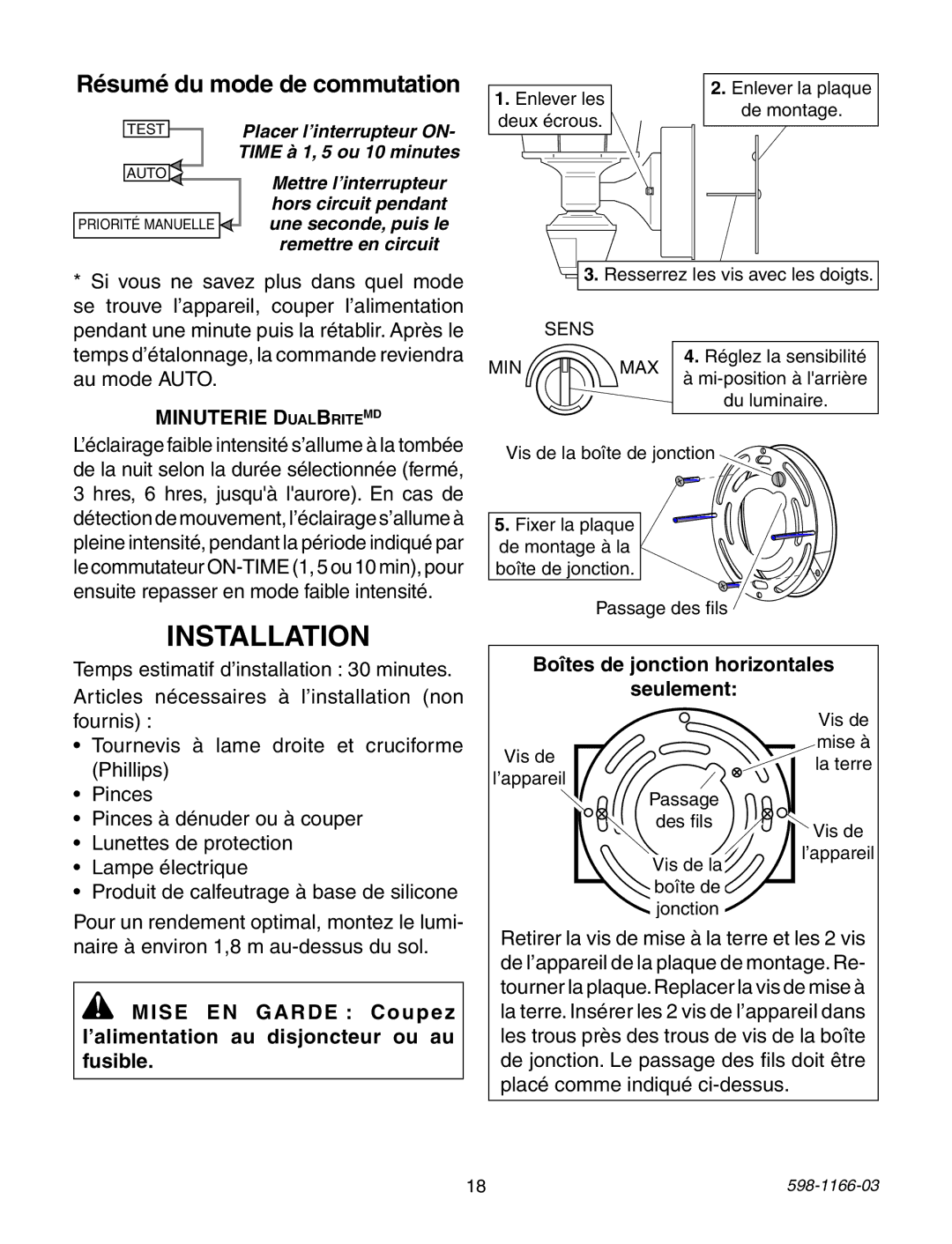 Heath Zenith PF-4156-AZ Résumé du mode de commutation, Minuterie DualBriteMD, Boîtes de jonction horizontales Seulement 