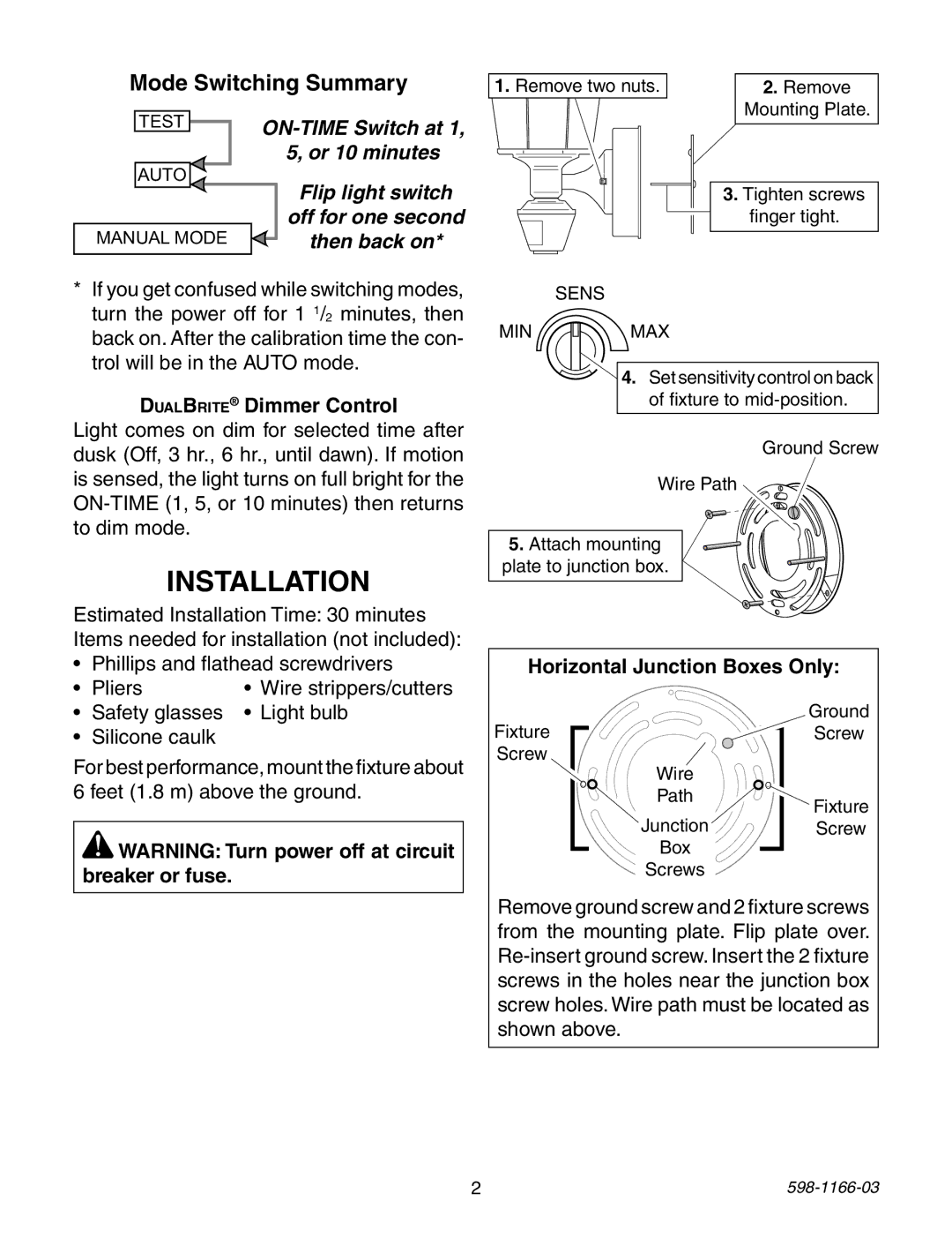 Heath Zenith PF-4125-AZ, PF-4151-AZ, PF-4144-NB Installation, DualBrite Dimmer Control, Horizontal Junction Boxes Only 