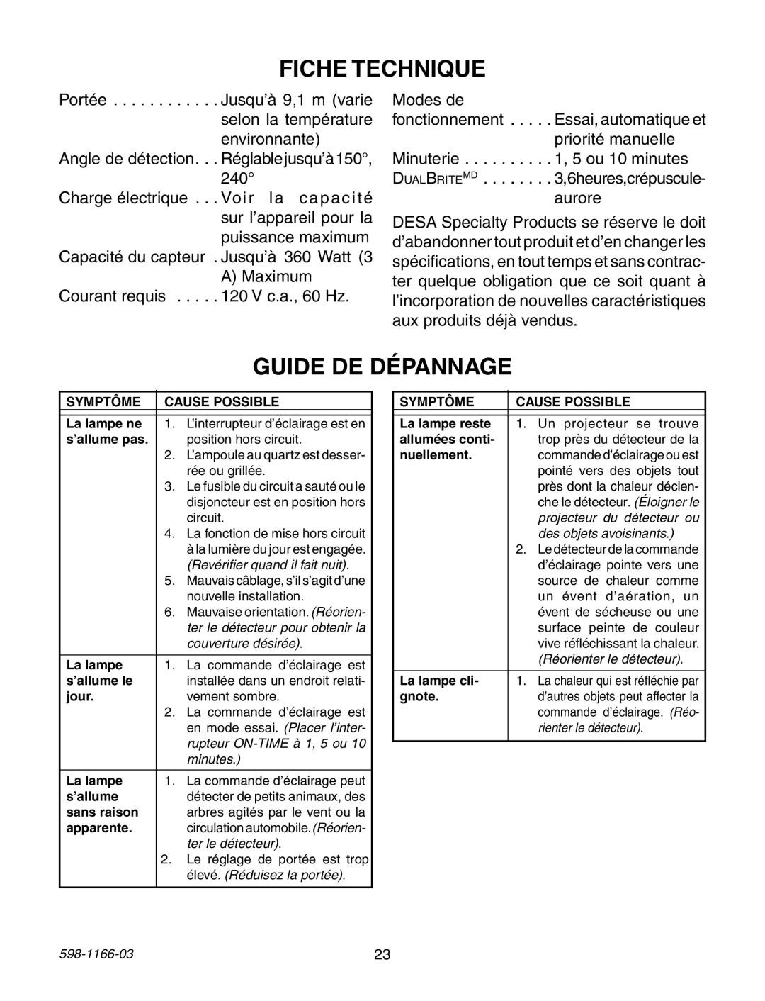 Heath Zenith PF-4144-AZ, PF-4151-AZ, PF-4144-NB, PF-4125-AZ, PF-4129-AZ, PF-4166-SA warranty Fiche Technique, Guide DE Dépannage 