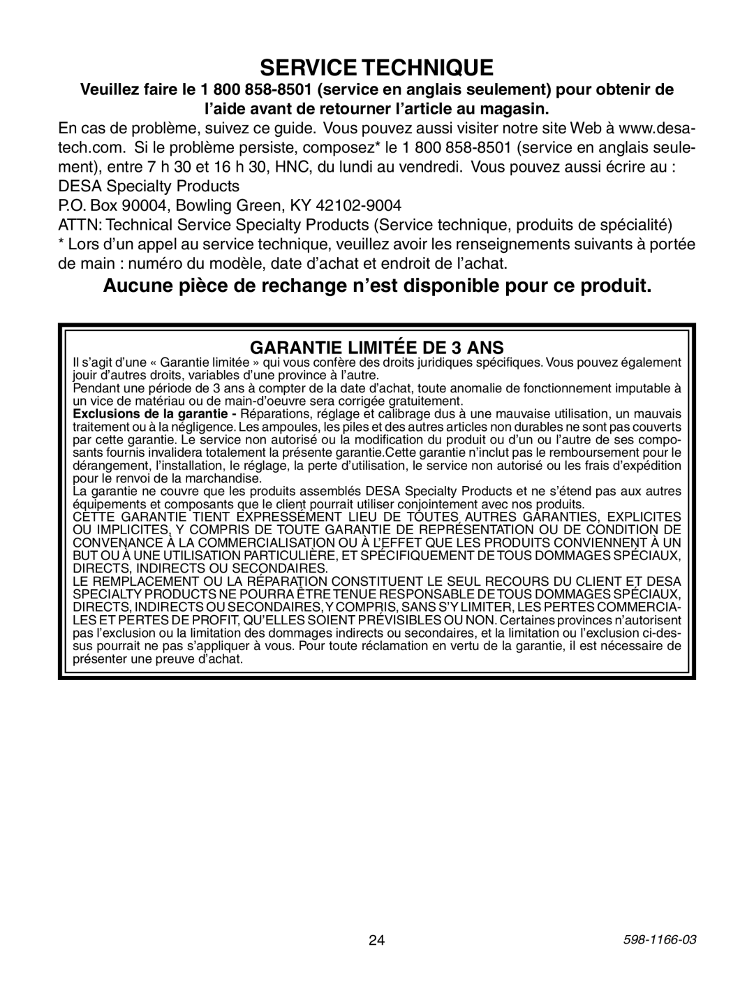 Heath Zenith PF-4129-AZ, PF-4151-AZ warranty Service Technique, Aucune pièce de rechange n’est disponible pour ce produit 