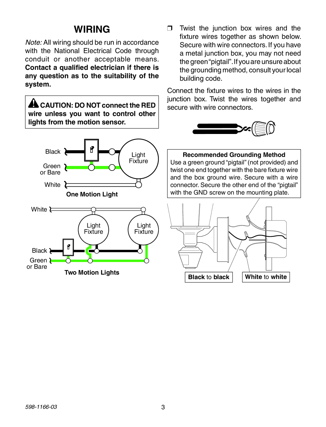 Heath Zenith PF-4144-AZ, PF-4151-AZ, PF-4144-NB, PF-4125-AZ, PF-4129-AZ, PF-4166-SA Wiring, Recommended Grounding Method 