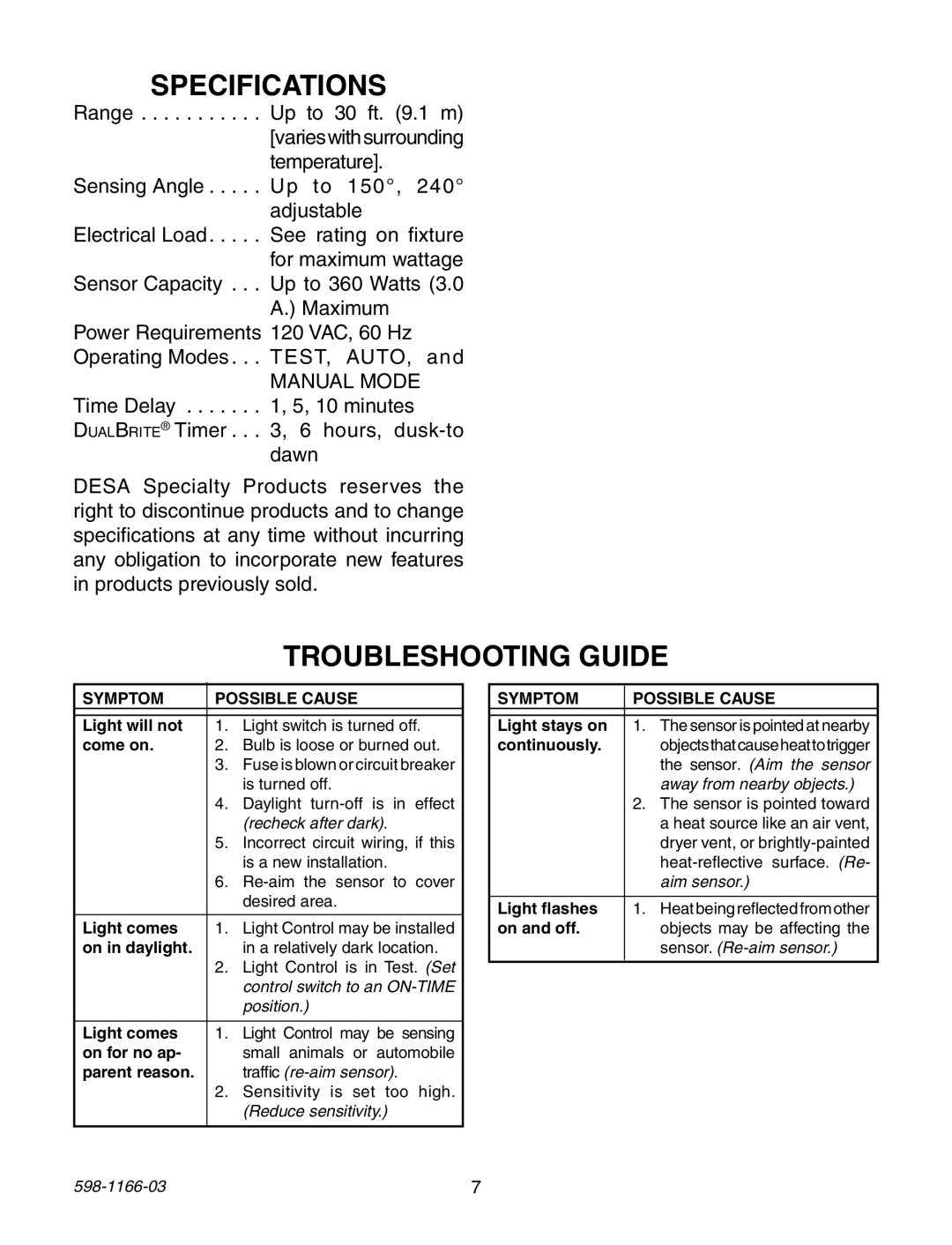 Heath Zenith PF-4180-PB, PF-4151-AZ, PF-4144-NB, PF-4125-AZ, PF-4144-AZ, PF-4129-AZ Specifications, Troubleshooting Guide 