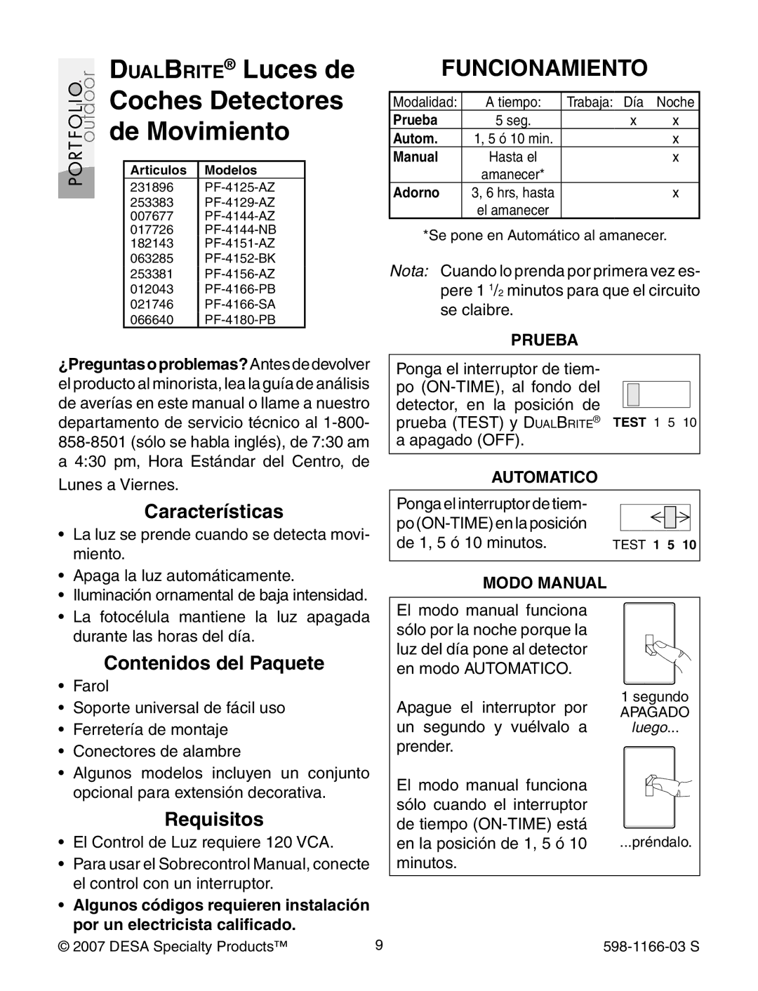 Heath Zenith PF-4166-PB, PF-4151-AZ, PF-4144-NB warranty Funcionamiento, Características, Contenidos del Paquete, Requisitos 