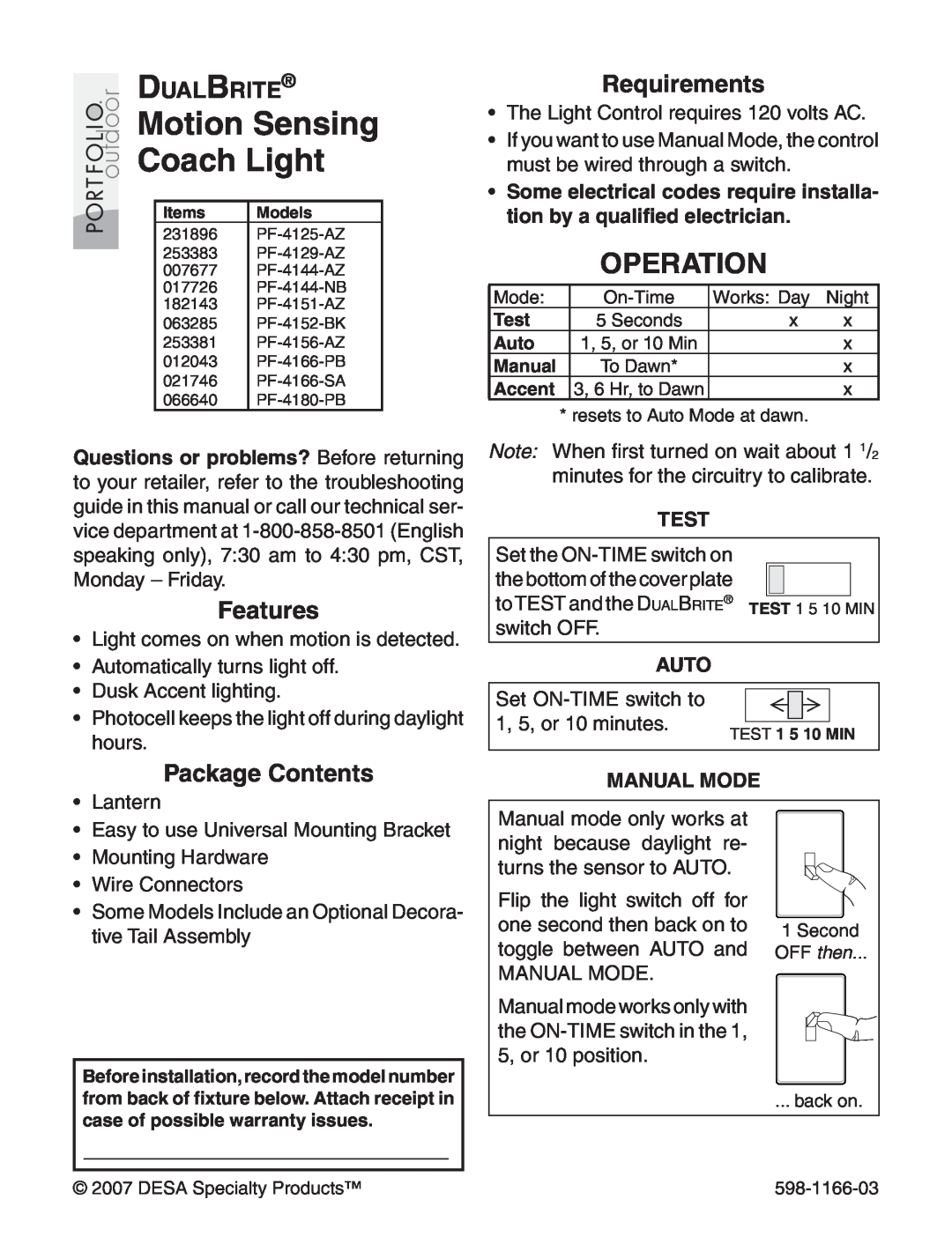 Heath Zenith PF-4144-NB warranty Motion Sensing Coach Light, Operation, Requirements, Features, Package Contents, Test 