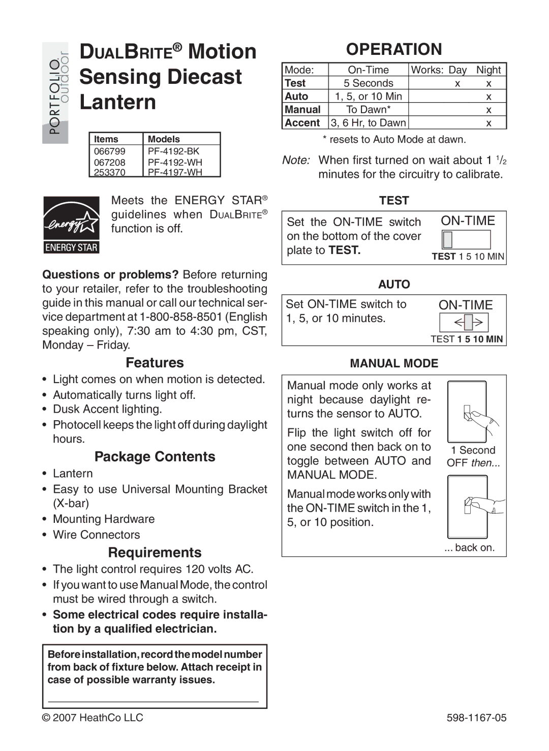 Heath Zenith PF-4197-WH, PF-4192-WH, PF-4192-BK warranty Operation, Features, Package Contents, Requirements 