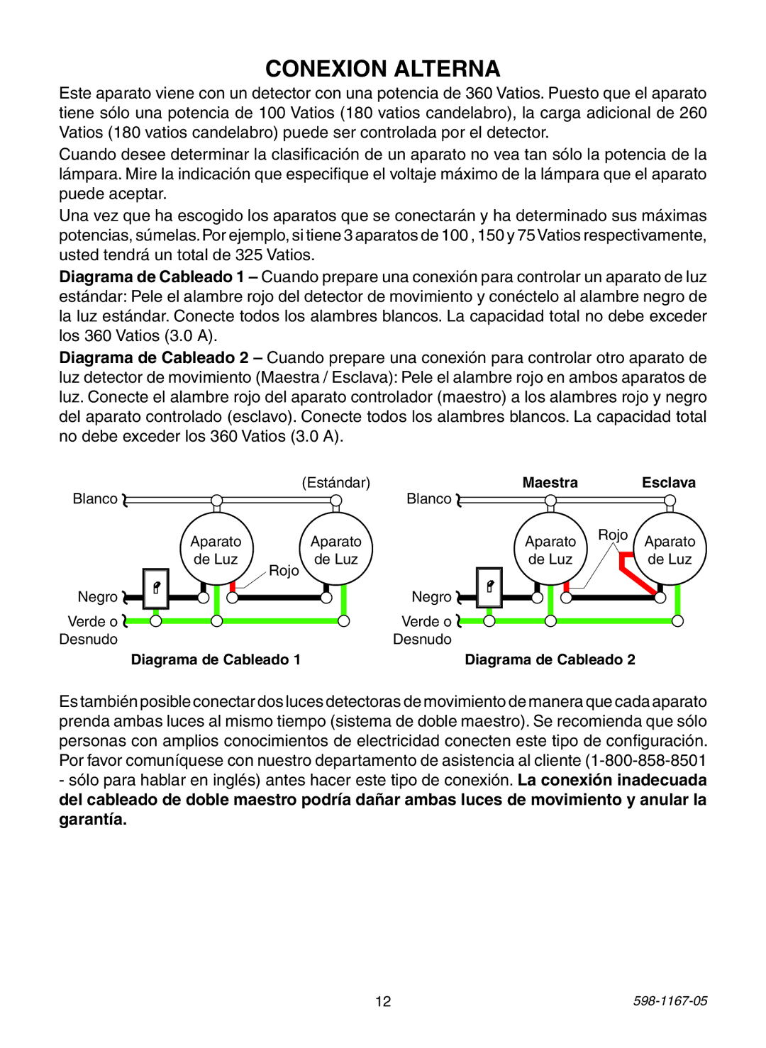 Heath Zenith PF-4192-WH, PF-4197-WH, PF-4192-BK warranty Conexion Alterna, Diagrama de Cableado 