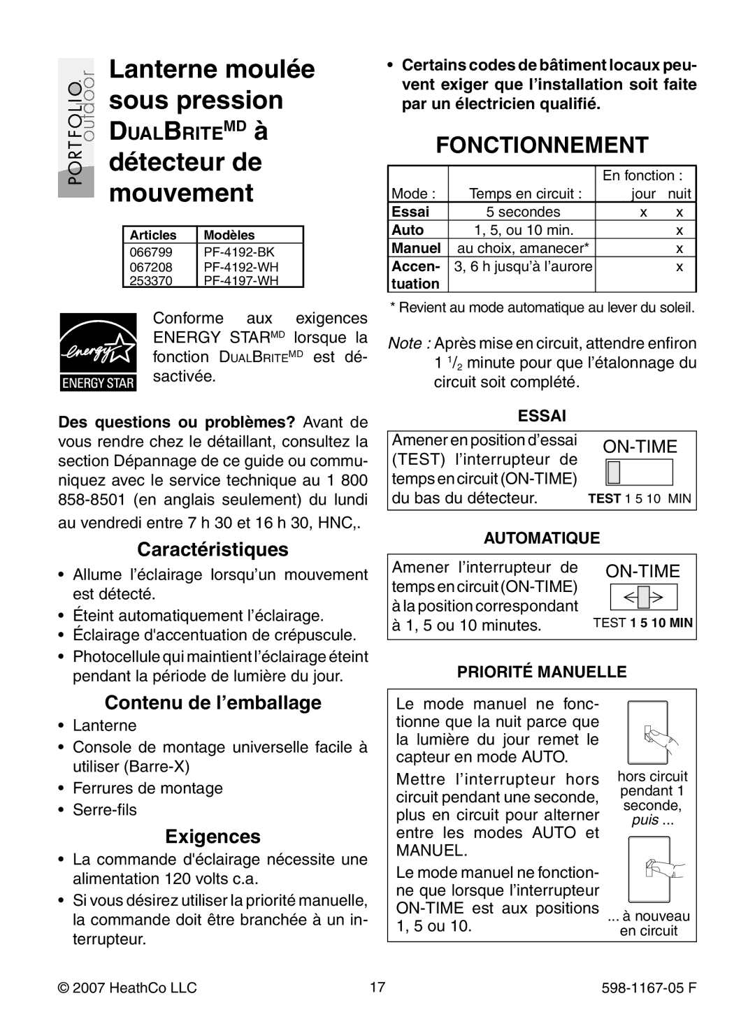 Heath Zenith PF-4192-BK, PF-4192-WH, PF-4197-WH warranty Fonctionnement, Caractéristiques, Contenu de l’emballage, Exigences 