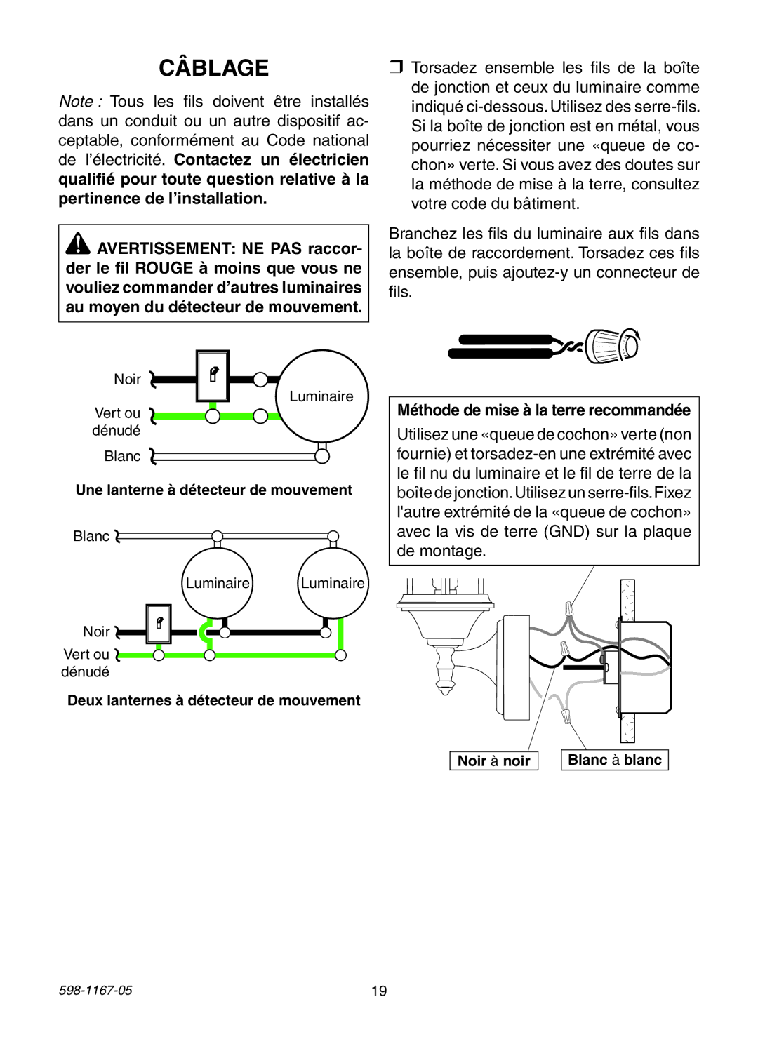 Heath Zenith PF-4197-WH, PF-4192-WH, PF-4192-BK warranty Câblage, Méthode de mise à la terre recommandée 