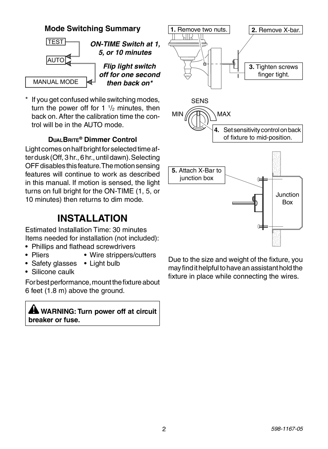 Heath Zenith PF-4192-BK, PF-4192-WH, PF-4197-WH warranty Installation, DualBrite Dimmer Control 