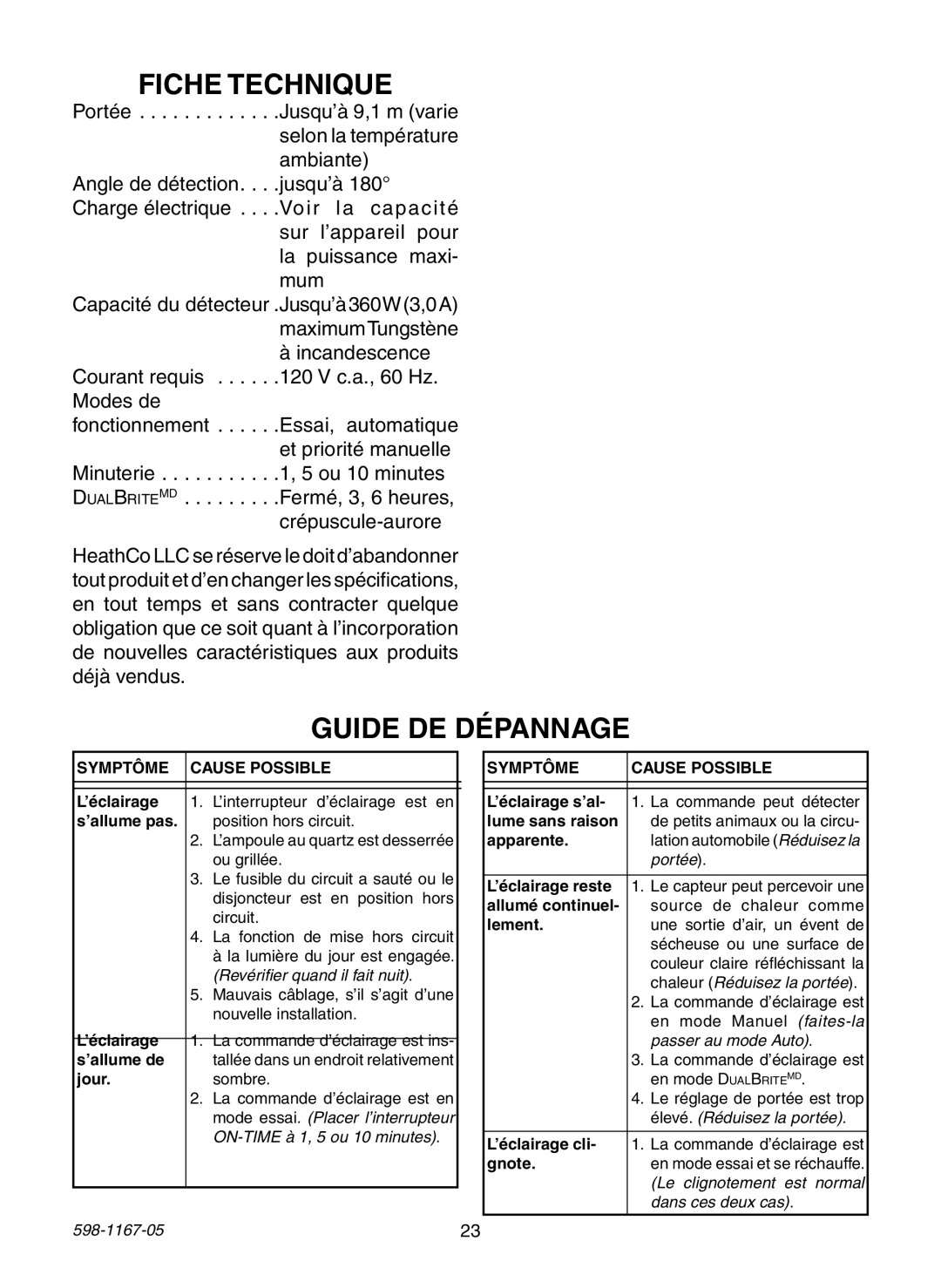 Heath Zenith PF-4192-BK, PF-4192-WH, PF-4197-WH warranty Fiche Technique, Guide DE Dépannage 