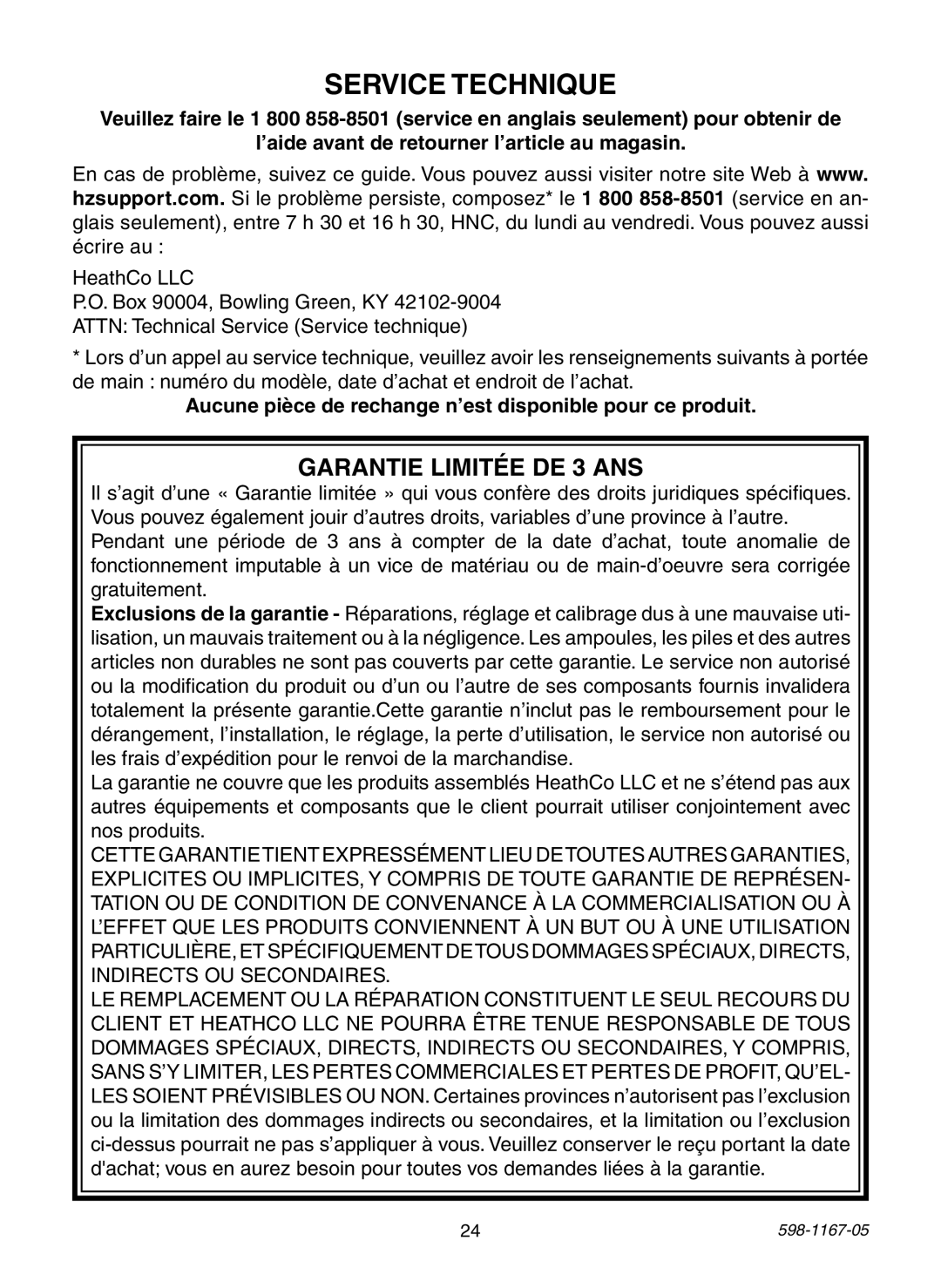 Heath Zenith PF-4192-WH, PF-4197-WH warranty Service Technique, Aucune pièce de rechange n’est disponible pour ce produit 