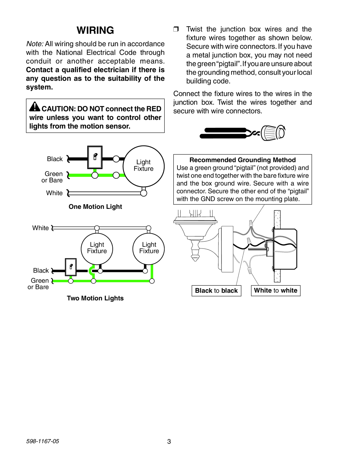 Heath Zenith PF-4192-WH, PF-4197-WH, PF-4192-BK warranty Wiring, Two Motion Lights Recommended Grounding Method 